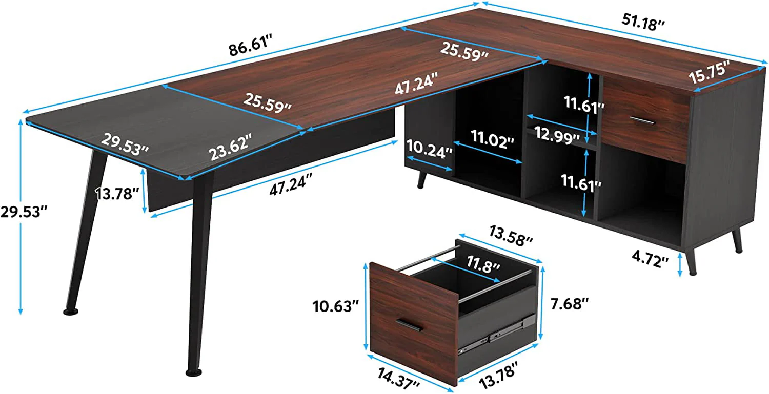 Tribesigns 87” Extra Long Executive Desk with 51” File Cabinet in Drawer and Storage Shelves, Dark Walnut & Grey