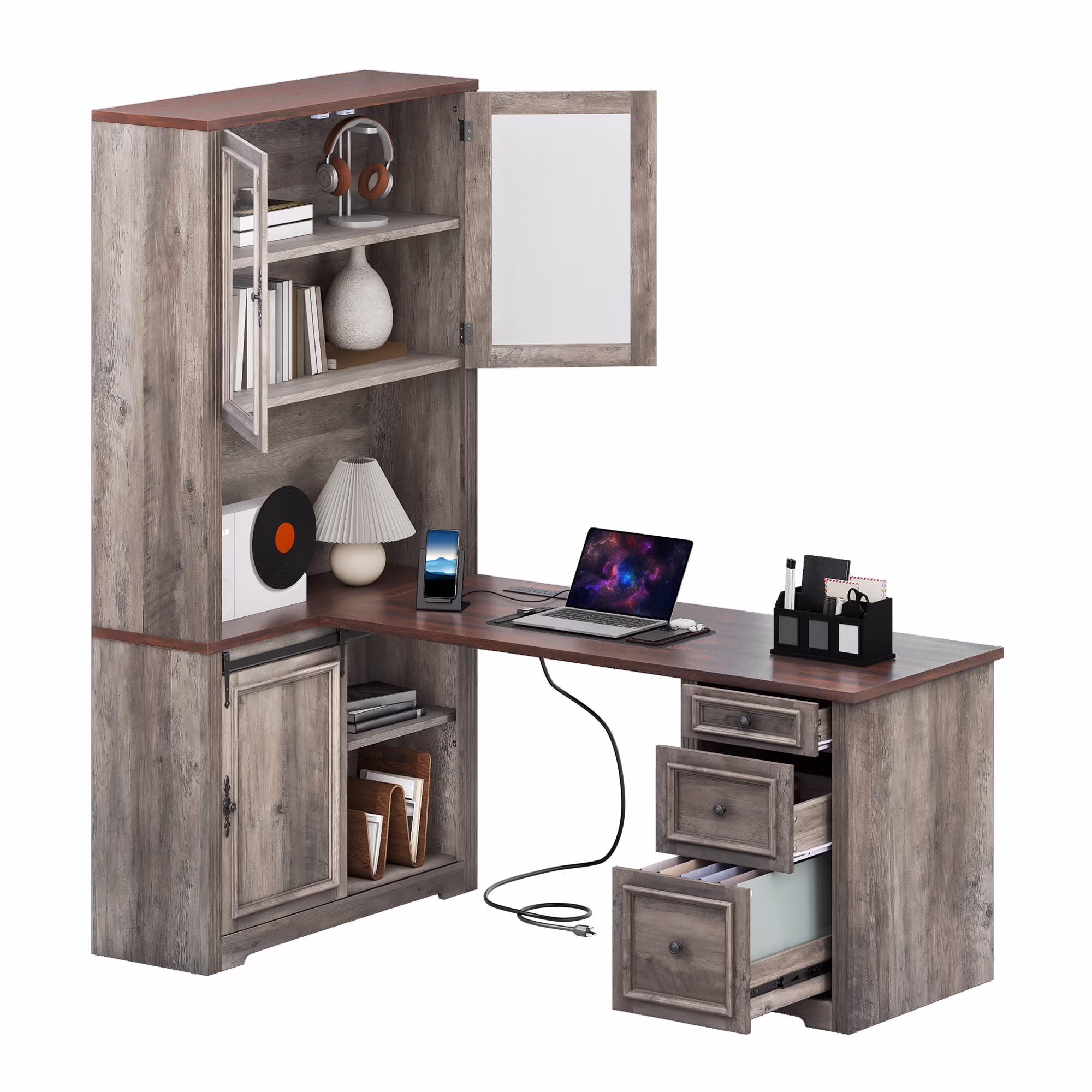 Craftian Executive Desk with Hutch, L Shape Computer Desk, Wood Office Desk with Storage Cabinet, White