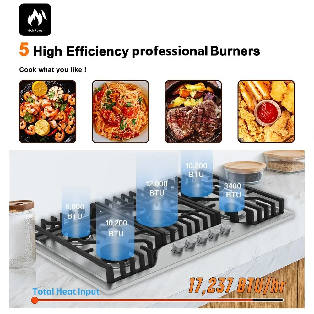 30 Inch Gas Cooktop, 30 inch Bulit-in Gas Stove Top with 5, Five Burner Propane Cooktop with Thermocouple Protection, 30 Inch Stainless Steel NG/LPG Convertible Cooktops Dual Fuel