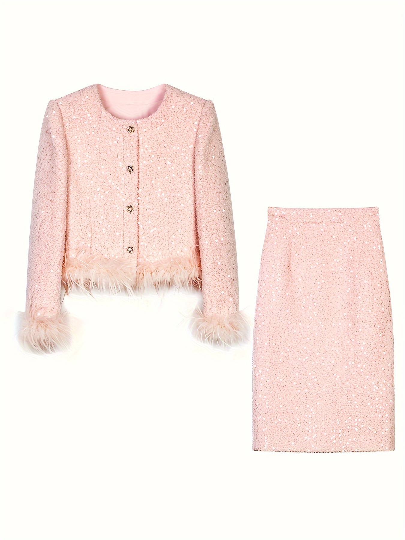 Elegant Pink Sequin Two-Piece Set for Women – Chic Faux Fur Jacket & Skirt Combo