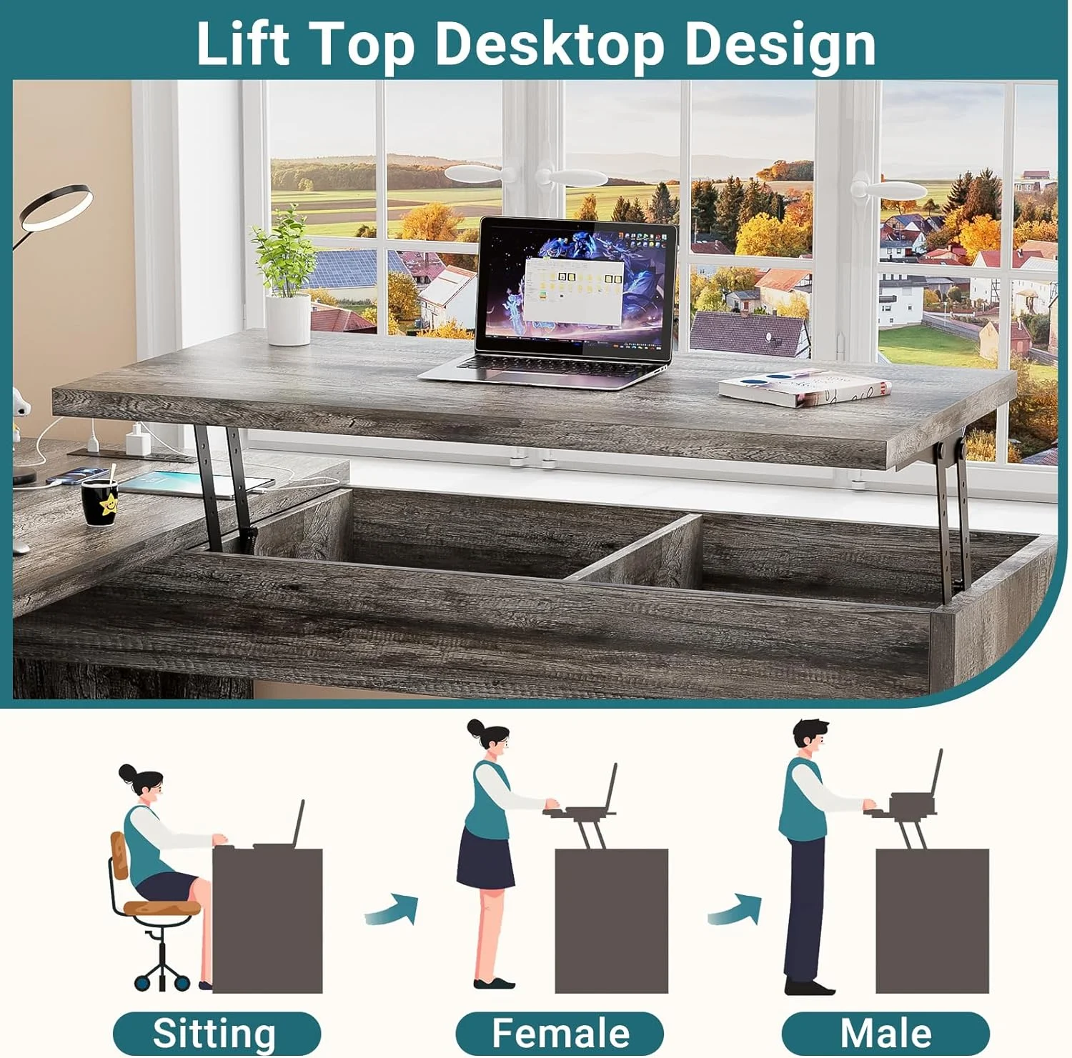 Homieasy L Shaped Desk with Power Outlets and USB Charging Ports, Lift Top Corner Computer Desk with Drawer, Large Office Desk with Storage Shelves, L Shaped Standing Desk for Home Office, Black Oak