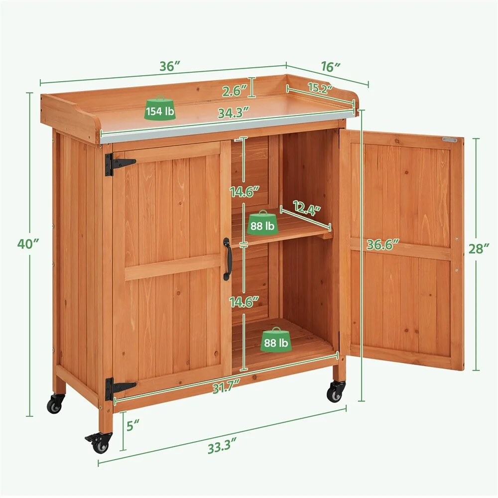 SOPEV Garden Potting Bench Table, Outdoor Garden Horticultural Wooden Storage Cabinet & Solid Wood Planting Work Bench with Large Space Storage & Metal-Plated Tabletop,Brown