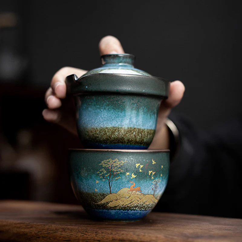 Buddha Stones Ceramic Teacup Deer Mountain Trees Lovely Cat Black Tea Cup With Lid and Bag