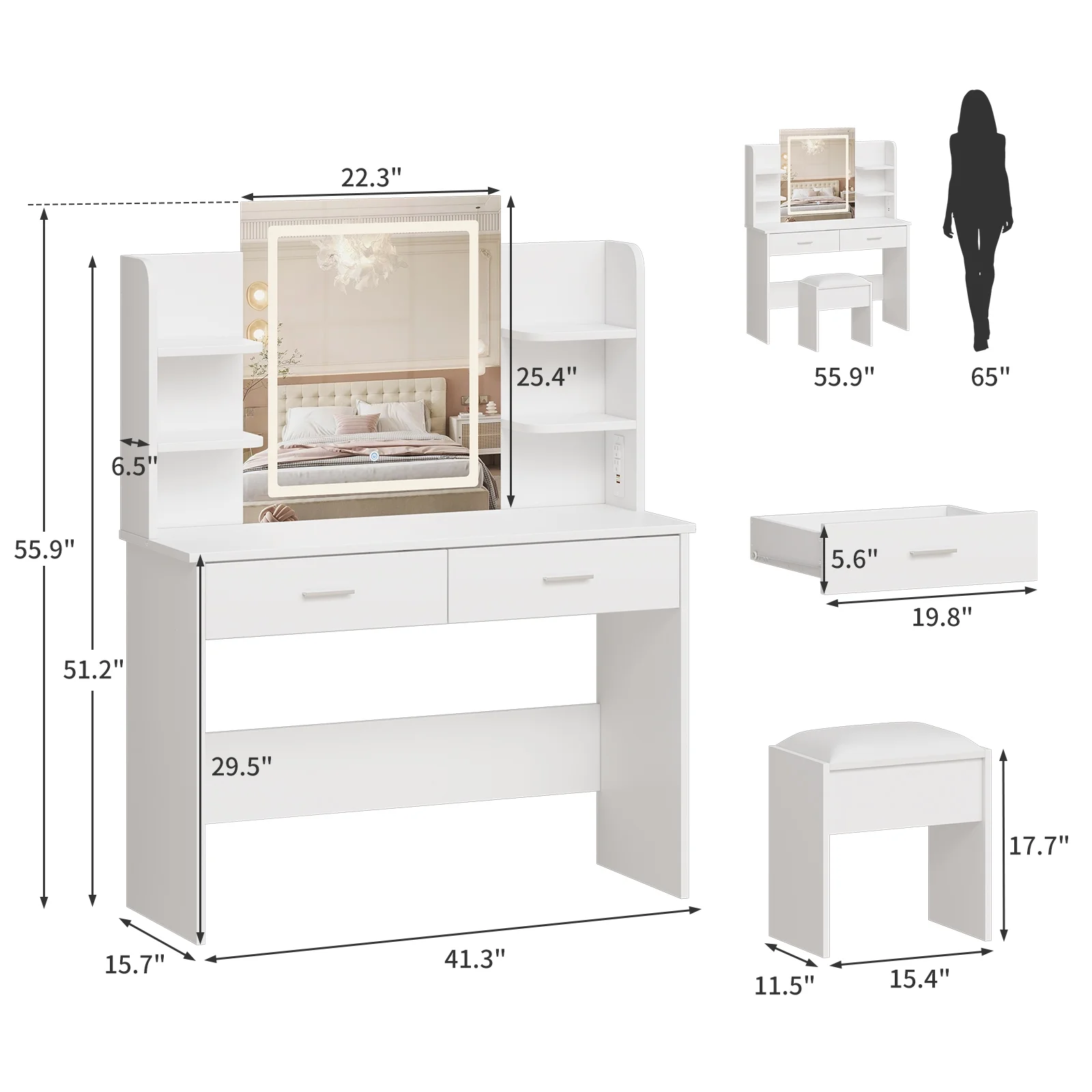 OYang Makeup Vanity Desk with Lighted Mirror and Stool, Vanity Table and Chair Set with 2 Storage Drawer 4 Shelves, Power Outlet, 3 Color Modes Adjustable LED Mirror & Stepless Dimmable for Bedroom