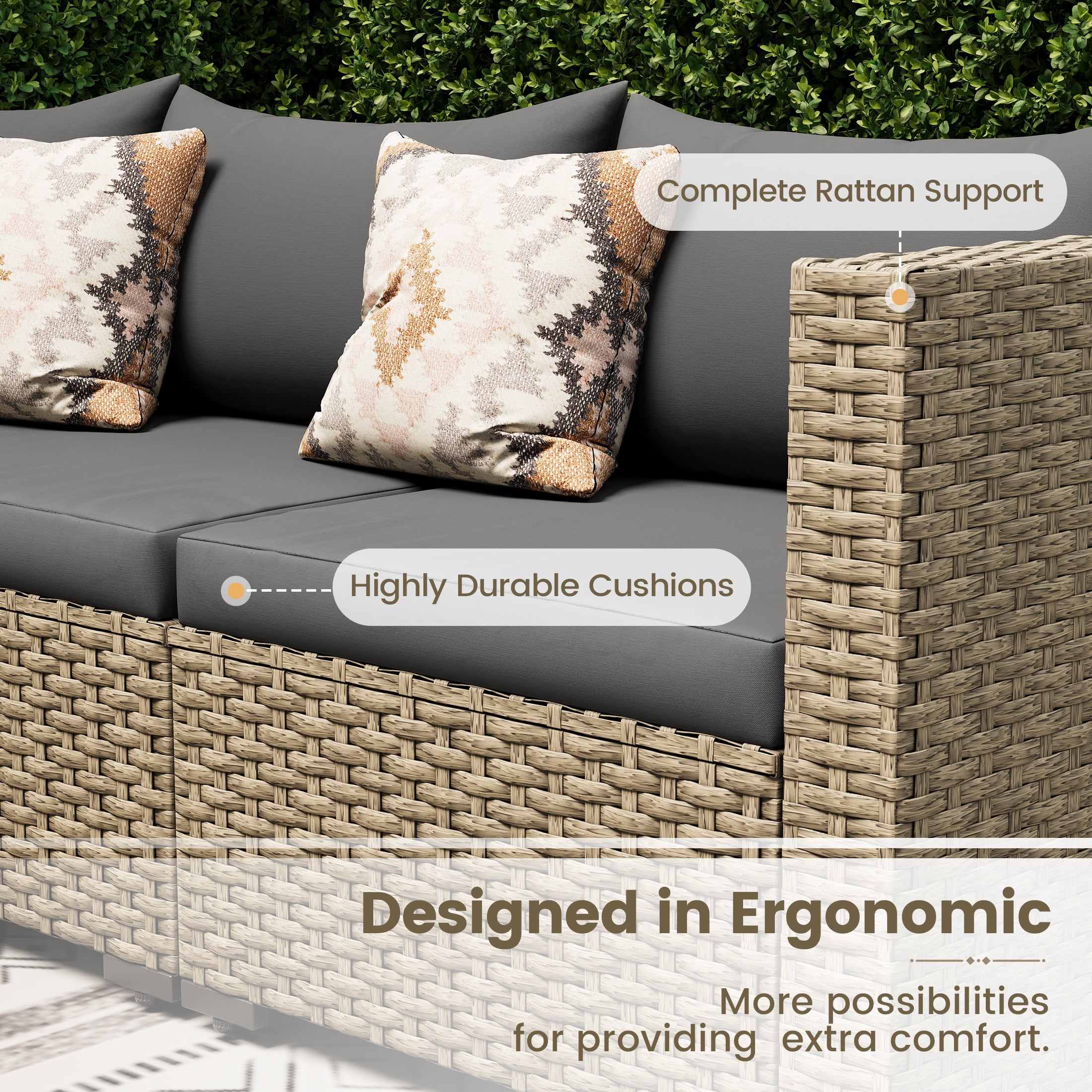 POTEBAN 7 Pieces Outdoor Patio Furniture Set, Grey Rattan Wicker Outdoor Conversation Sectional Sofa Set with Cushions for Backyard, Green