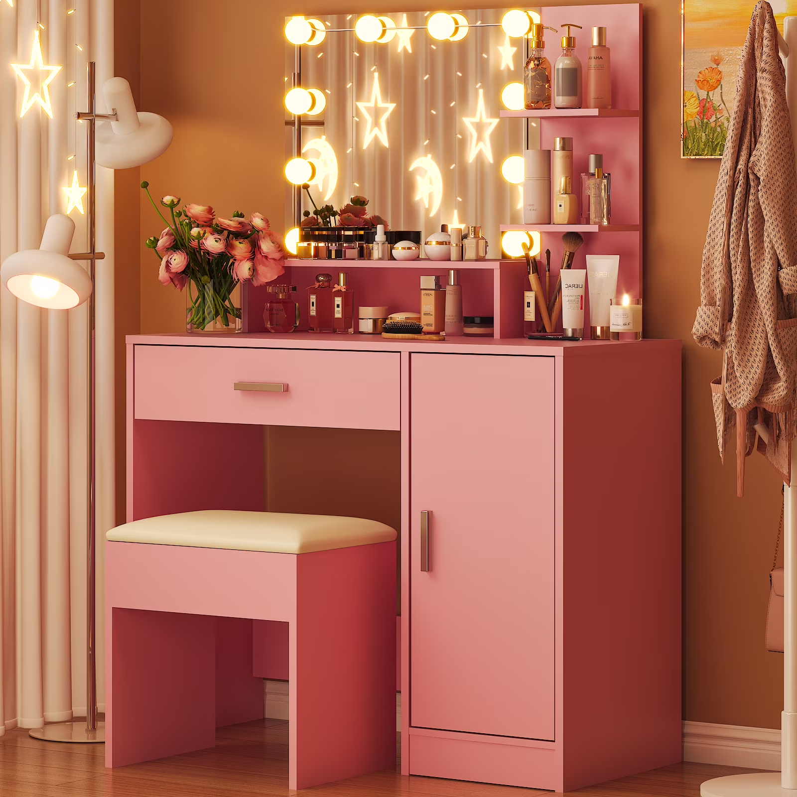 Ktaxon Vanity Set with 3 Color Lighted Mirror, Makeup Table with 3 Storage Shelves & Drawers, Dressing Table Makeup Desk with Stool,White