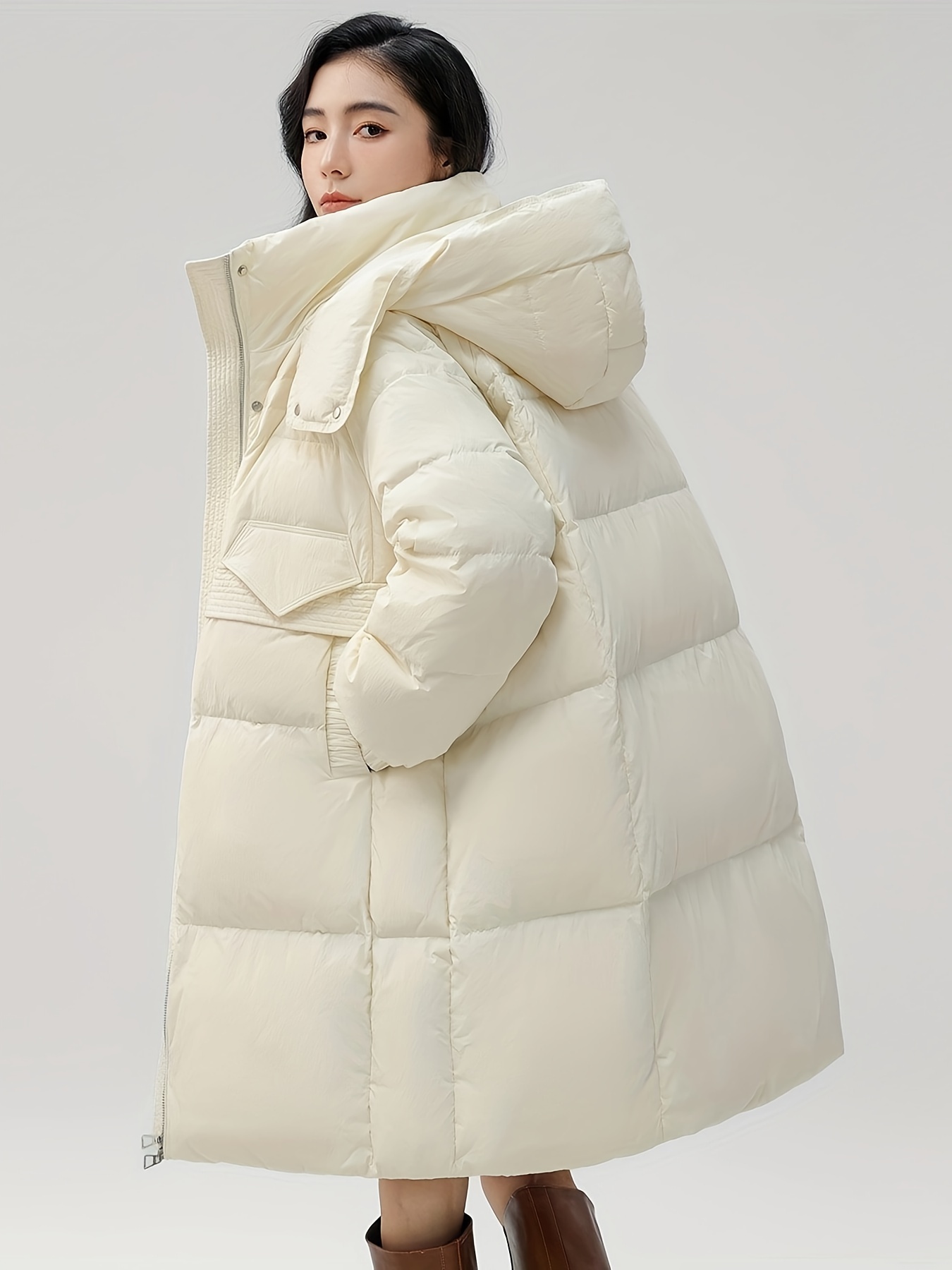 Slant Pockets Hoodie Puffer Jacket, Casual Long Sleeve Jacket For Winter, Women’s Clothing