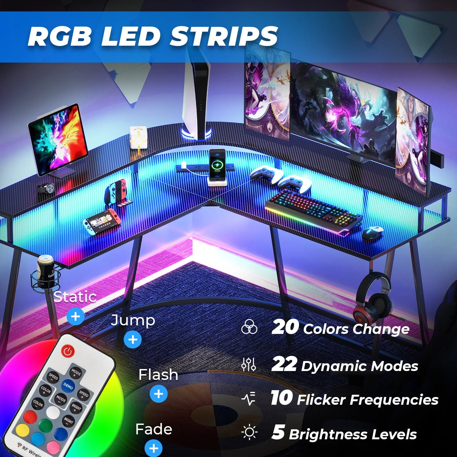 Huuger L Shaped Gaming Desk with LED Lights & Power Outlets, Computer Desk with Monitor Shelves, Home Office Desk Corner Desk with Cup Holder & Hook, Carbon Fiber Black