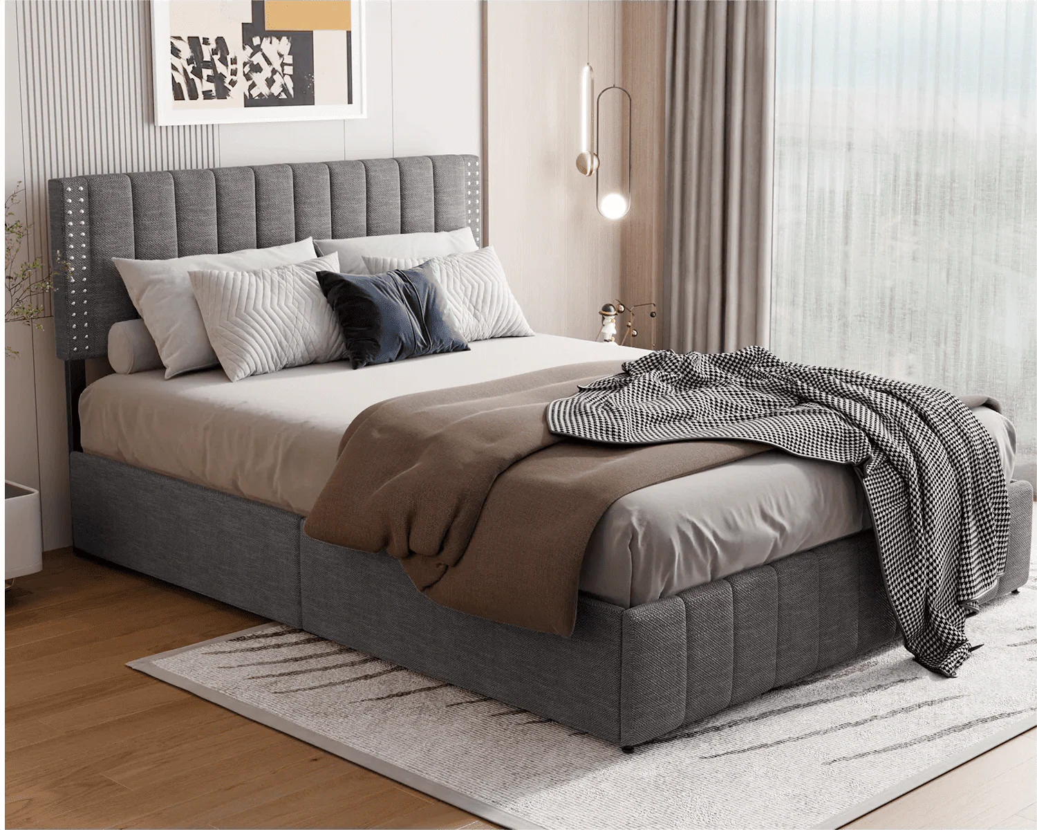 Lofka Queen Bed Frame with Drawers and Adjustable Headboard 880lbs No Box Spring Dark Gray