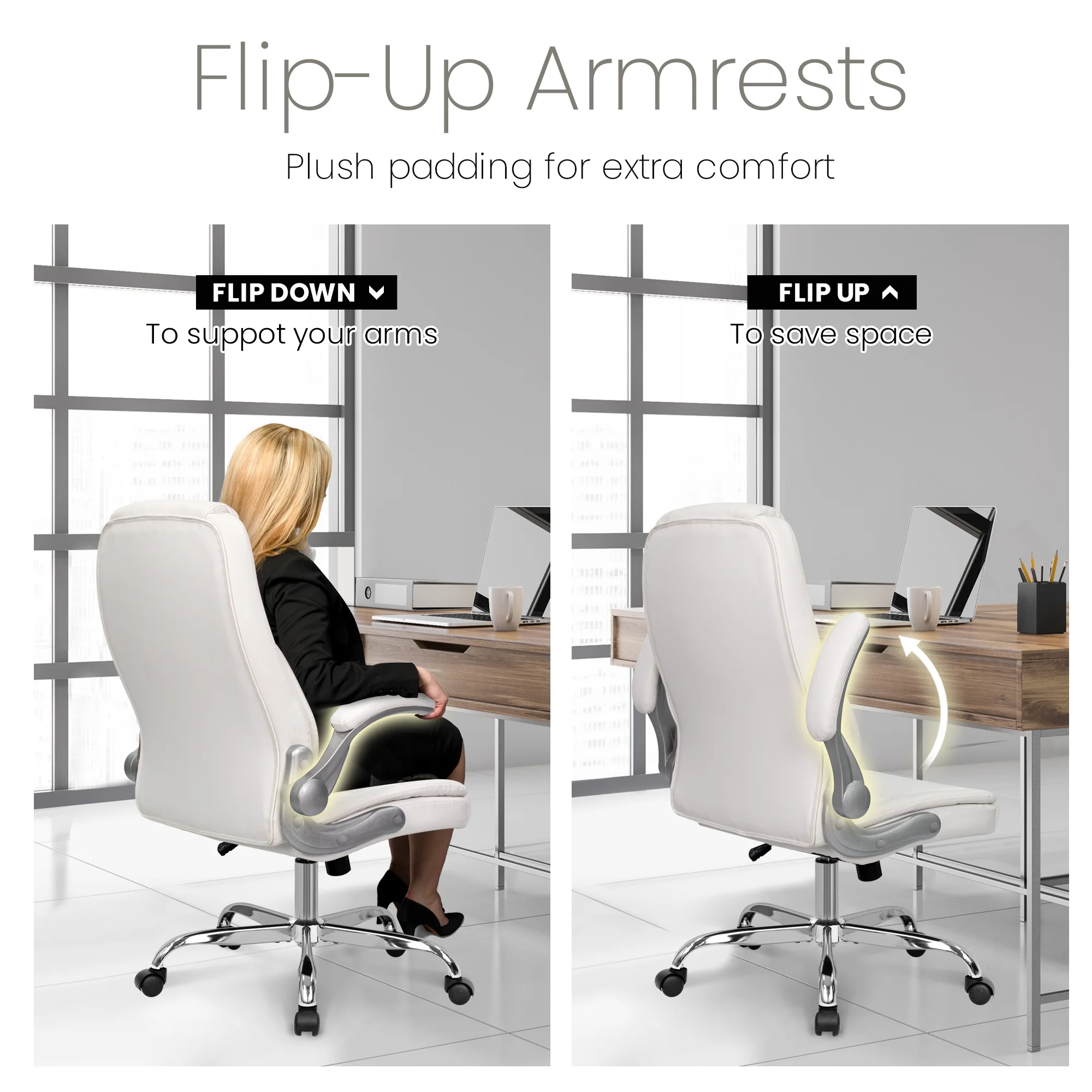 NEO CHAIR Executive Office Chair, Ergonomic High back Cushioned, Wide Leather Seat 8 Hours Heavy Duty Design, Flip Up Armrest Computer Desk Chair, Black