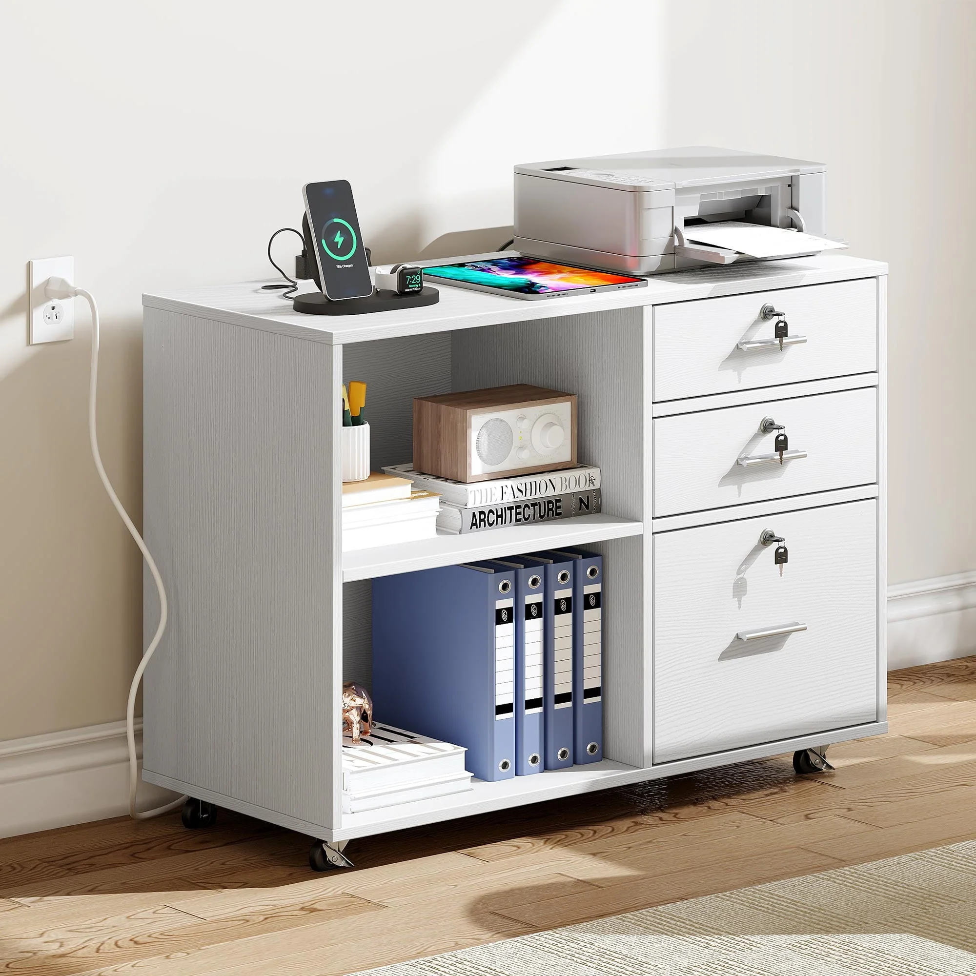 DEXTRUS 3 Drawer Wood Lateral Filing Cabinet with Locks, Printer Stand Storage File Cabinet with Shelves for Home Office, White