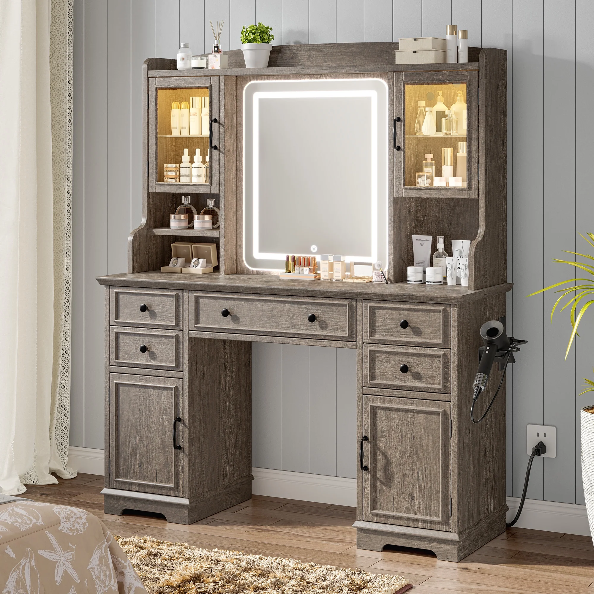 EnHomee Farmhouse Vanity Desk with Mirror and Lights White Vanity with Lighted Mirror Makeup Vanity Set with RGB Cabinets and Storage Drawers