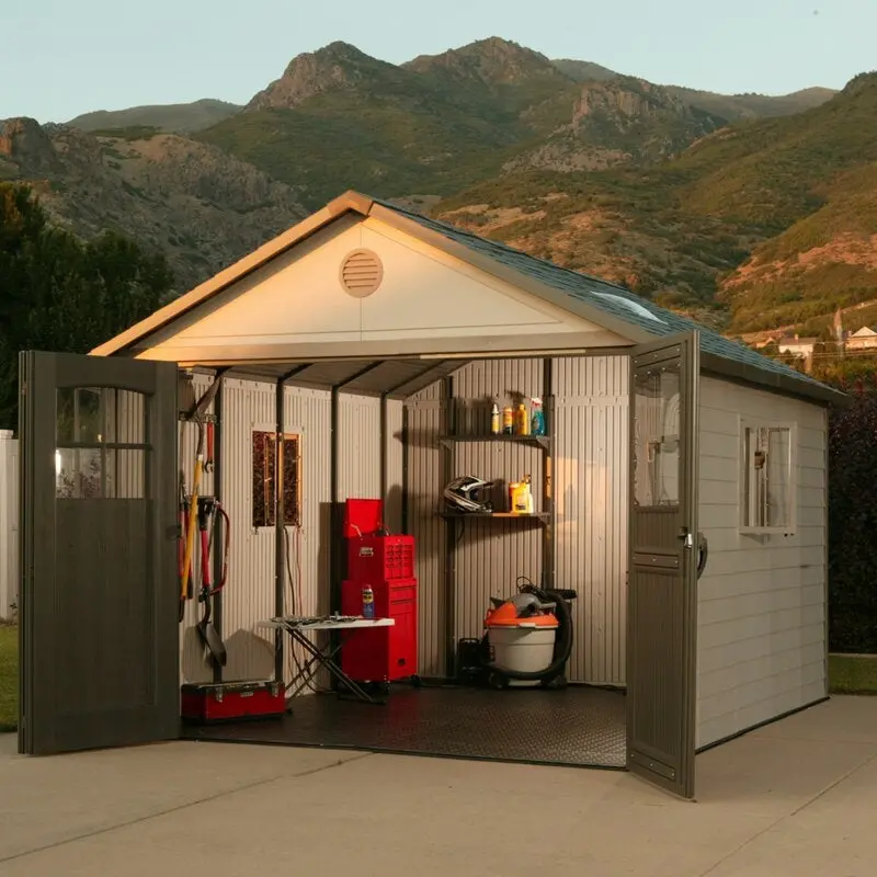 11 ft. W × 11 ft. D Spacious Plastic Storage Shed – Durable Resin Construction. Ventilated Design