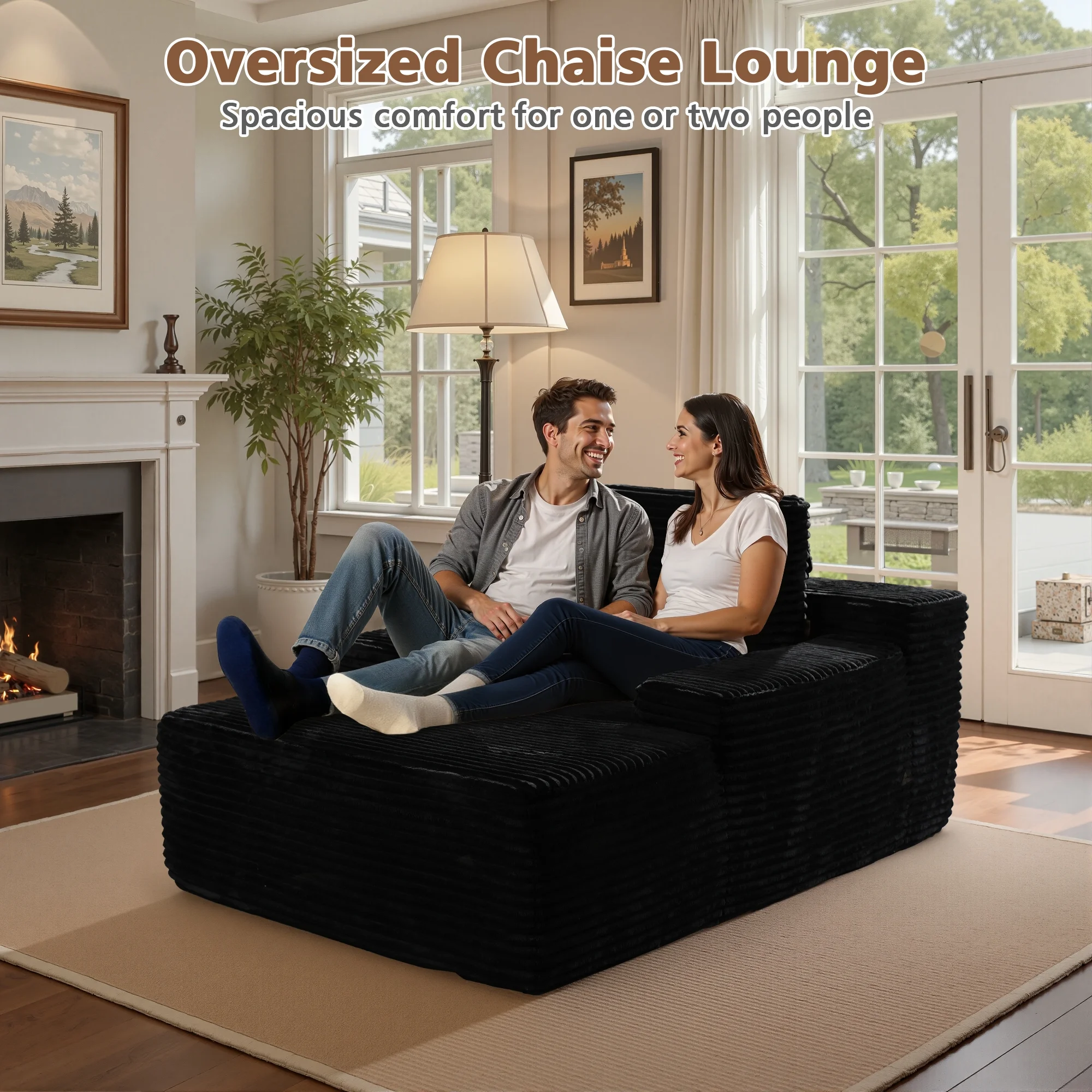 Ovios 67'' Oversized Chaise Lounge Chair Indoor Cloud Plush Corduroy Floor Sofa Bed Deep Seat No Assembly Couch for Living Room, Black