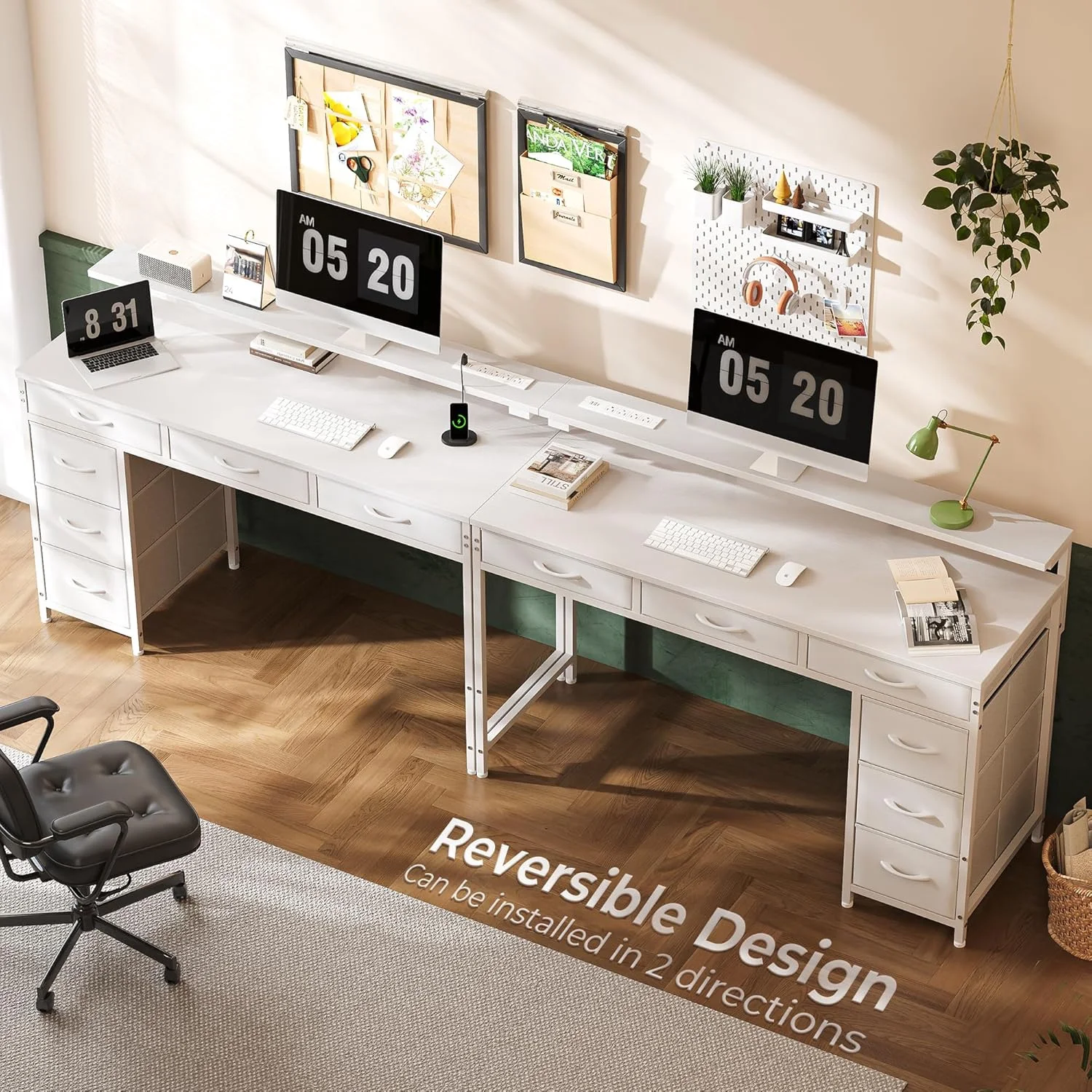 Gaming Desk with 6 Drawers, Computer Desk with LED Lights Power Outlets and Type-C, 47 Inch Office Table with Storage, Monitor Stand, Writing & Work Home Office, Bedroom, Study, White