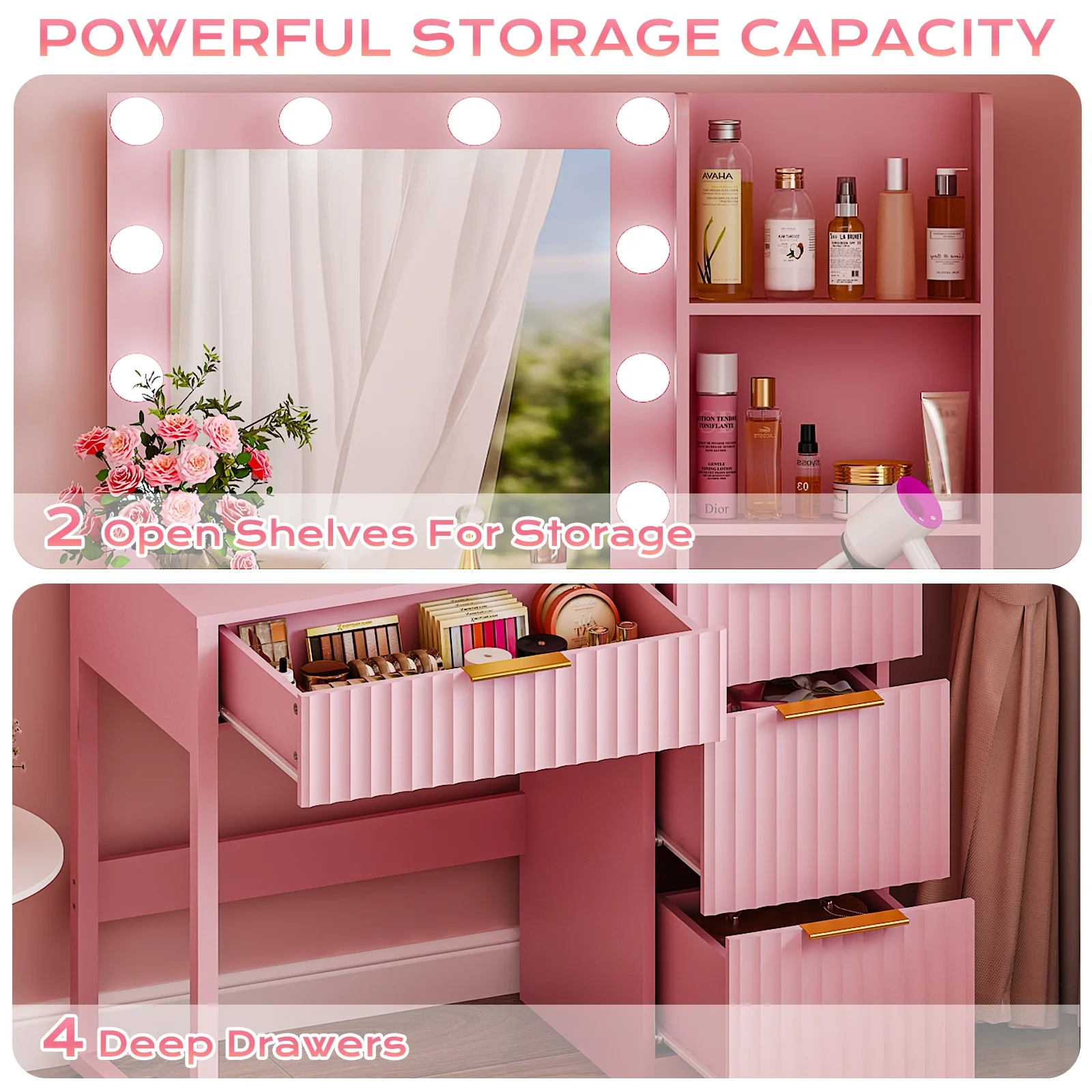 Ktaxon Vanity Set with 3 Color Lighted Mirror, Makeup Table with 3 Storage Shelves & Drawers, Dressing Table Makeup Desk with Stool,White