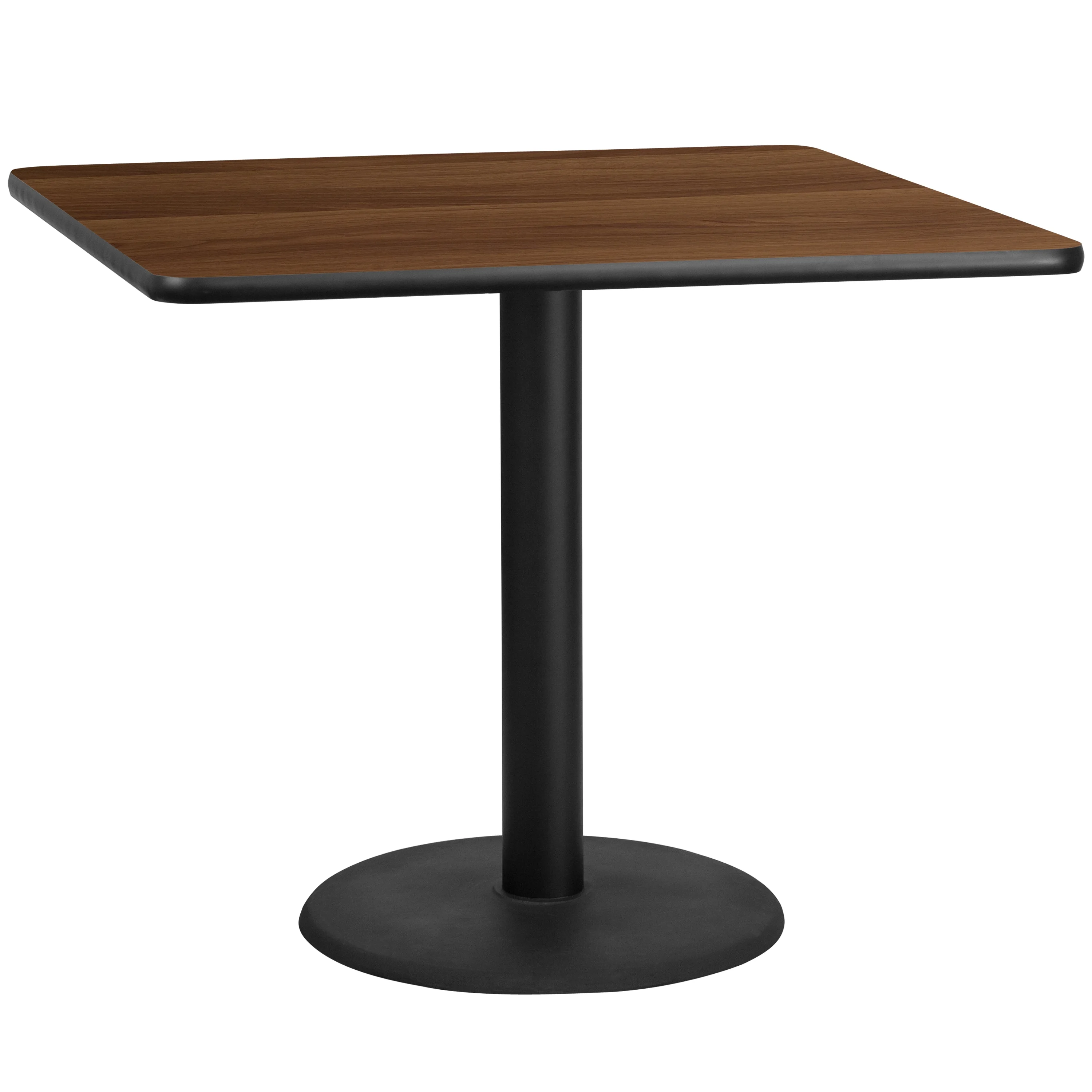 BizChair 42'' Square Walnut Laminate Table Top with 24'' Round Table Height Base