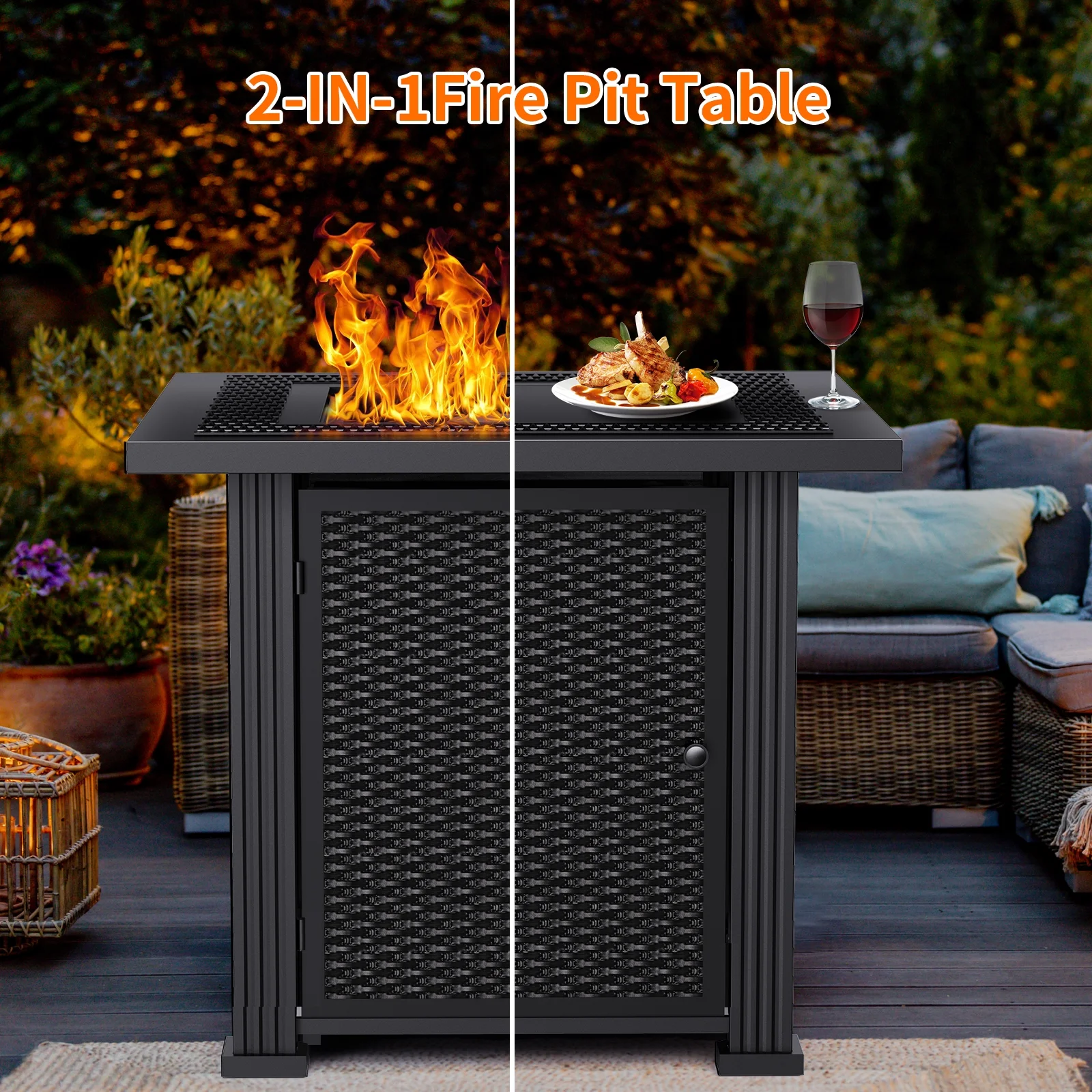 28 Inch Propane Fire Pit Table, Rattan & Wicker-Look 50,000 BTU Gas Firepits with Fire Glass for Outside Patio and Garden
