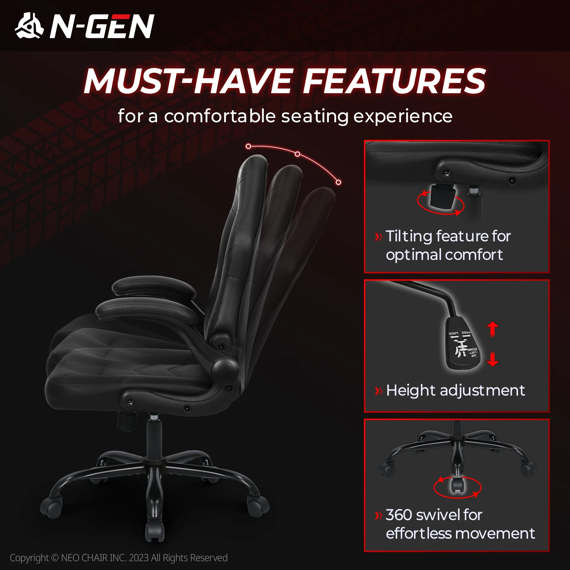N-GEN Red Gaming Chair, Flip-up Armrest Computer Chair Ergonomic Office Chair PU Leather Desk Chair Executive Adjustable Swivel Task Chair