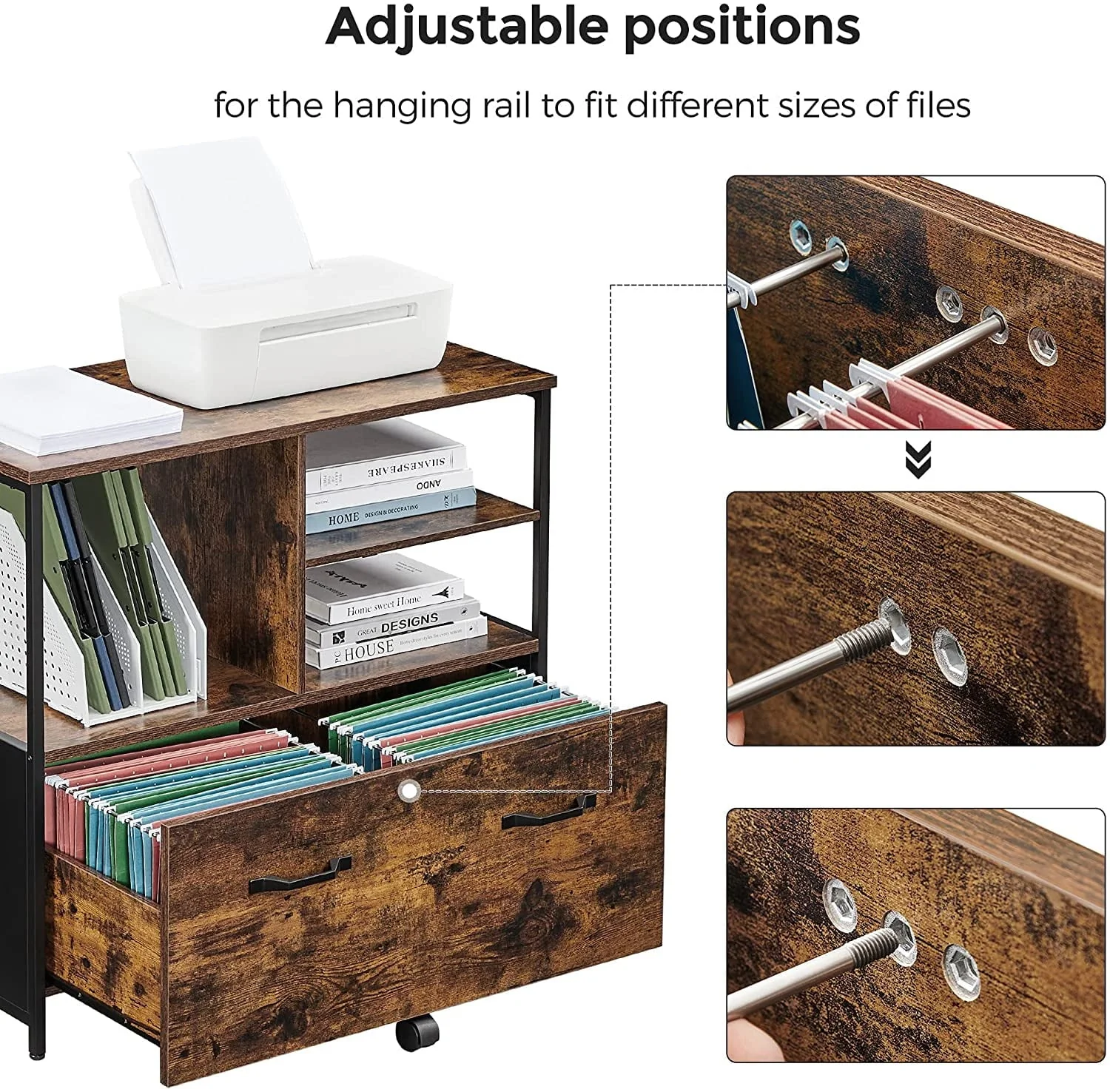 VASAGLE Lateral File Cabinet for Home Office, Filing Cabinet with Open Shelves and Drawer, Rustic Brown and Black