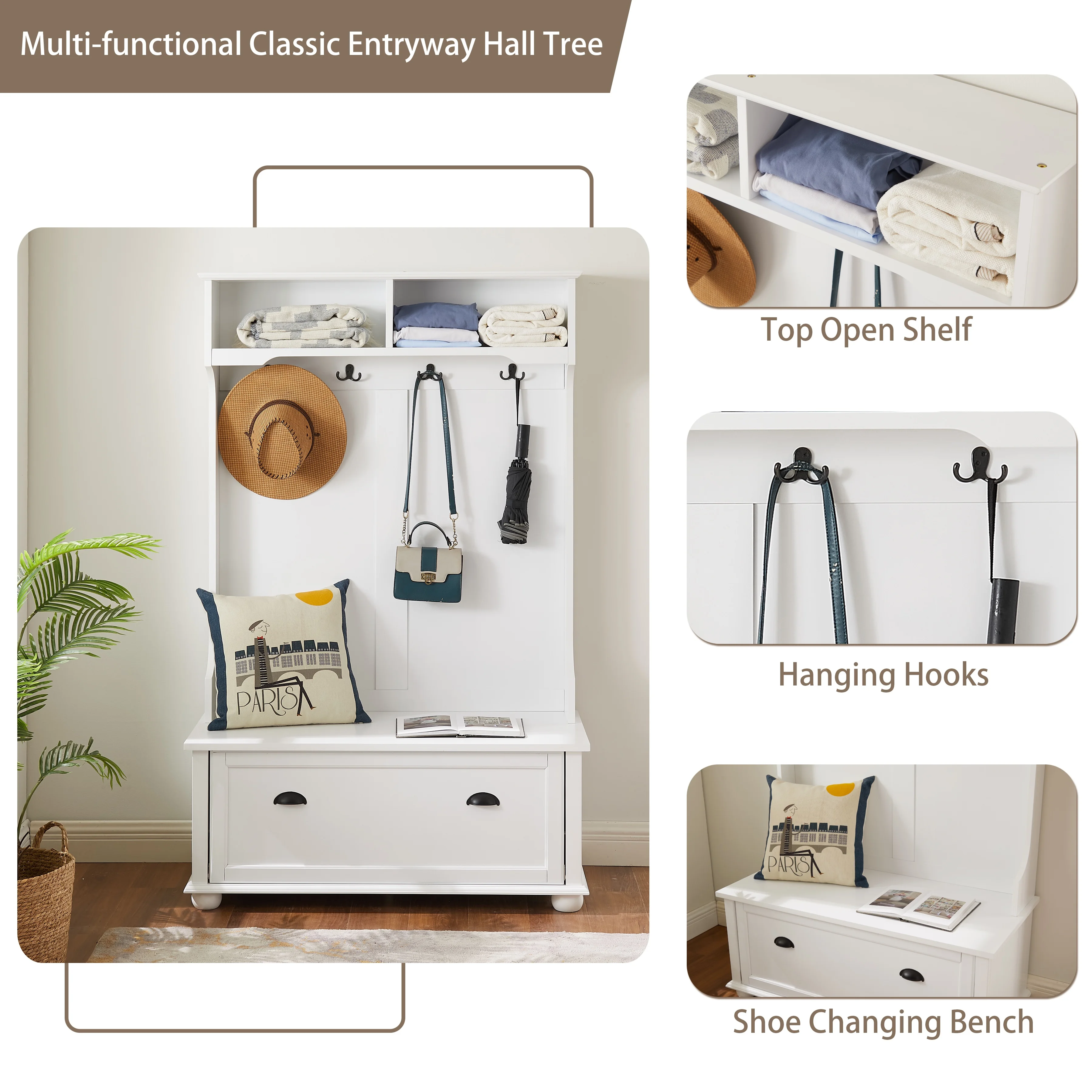 PORKISS Hall Tree, Wood Entryway Hall Tree with Open Shelves, Shoe Cabinets and Solid Wood feet, Coastal Style Hall Tree with Storage Bench, Modern Tree Entryway Bench for Living Room, White