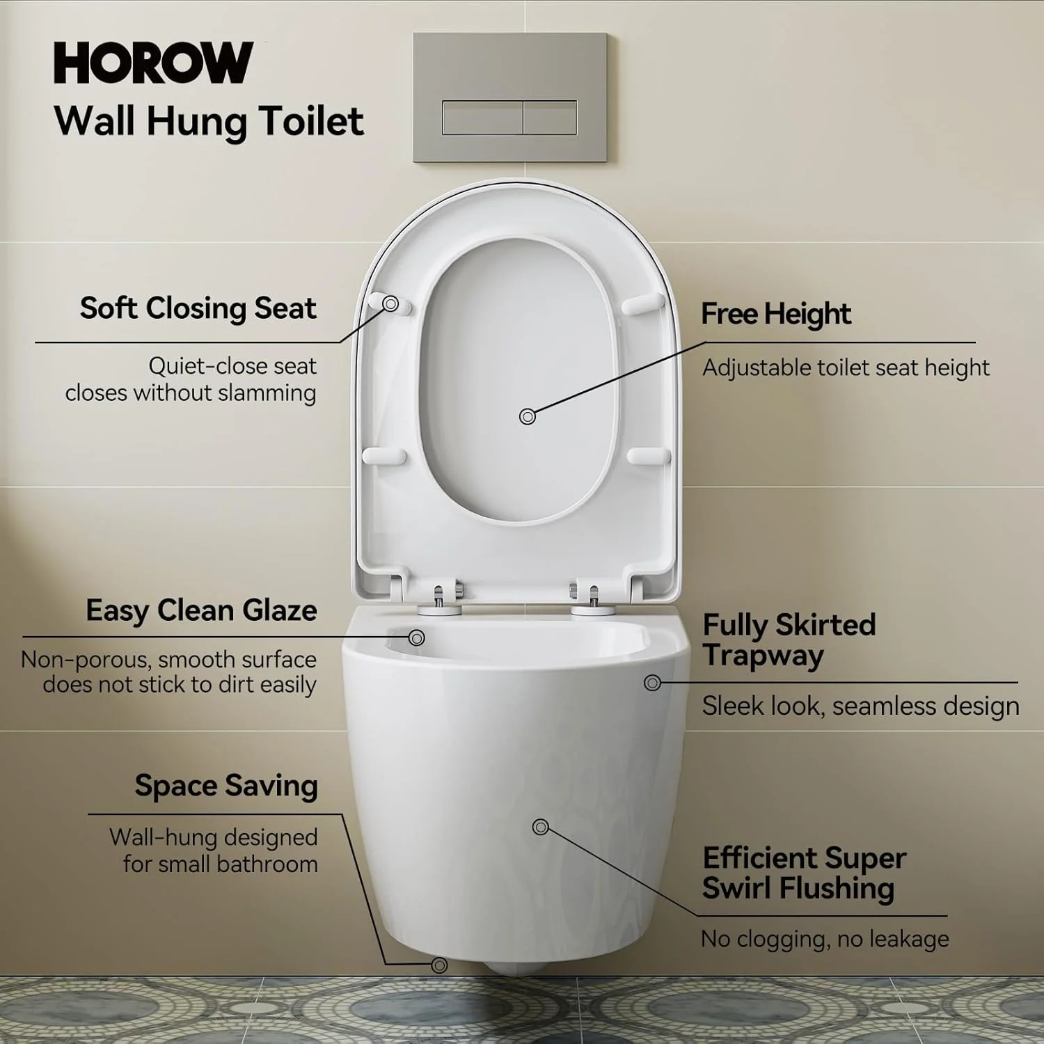 HOROW Wall Hung Toilet,with Soft Closing Seat,Round Floating Bowl, Rear Outlet Space Saving,White