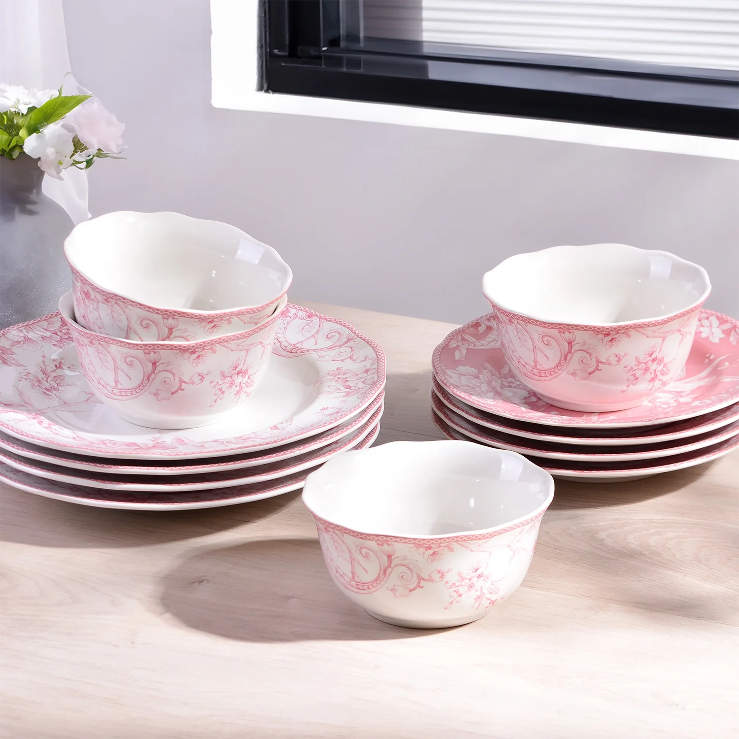 222 Fifth Adelaide Brown on White Porcelain 12 Piece Dinnerware Set, Plates & Bowls, Service for 4
