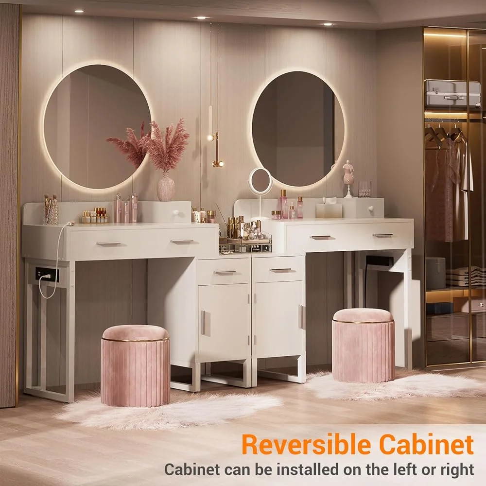 Vanity Desk With 4 Drawers and Cabinet, Makeup Vanity Table With Charge Station Socket, Small Space Makeup Bedside Cupboard, Gift for Her Choice, Suit for Apartment/Dorm/Bedroom, Cute Pink