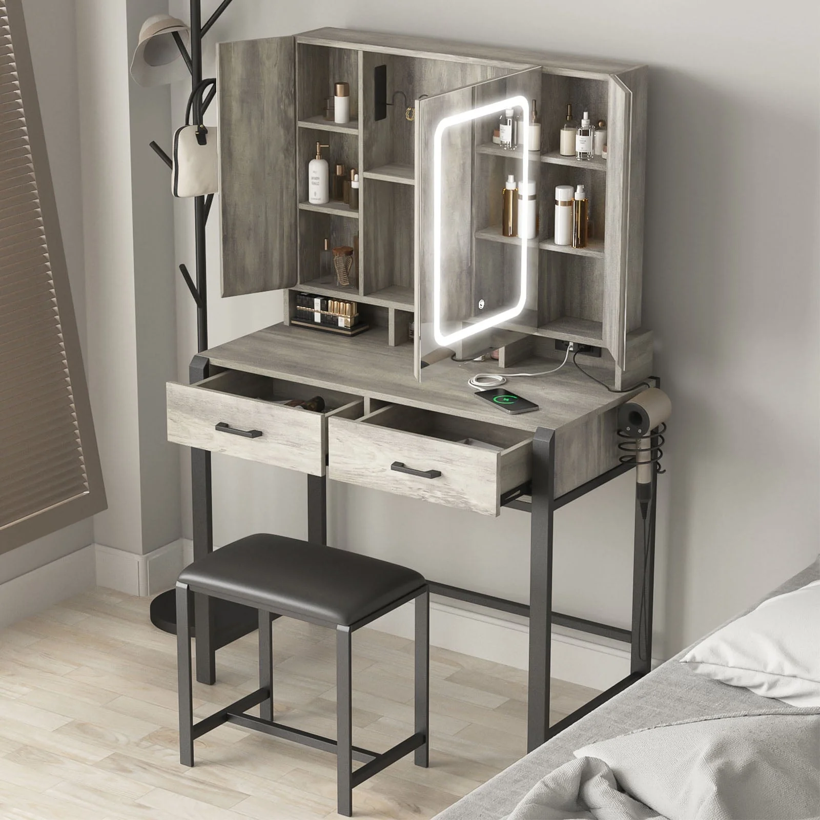 35.4in Makeup Vanity Desk with LED Lighted Mirror and Power Strip, Tri-Fold Mirror Makeup Table with Hair Dryer Rack,2 Drawers Vanity Set with Hidden Storage Shelves,3 Color Lighting Modes