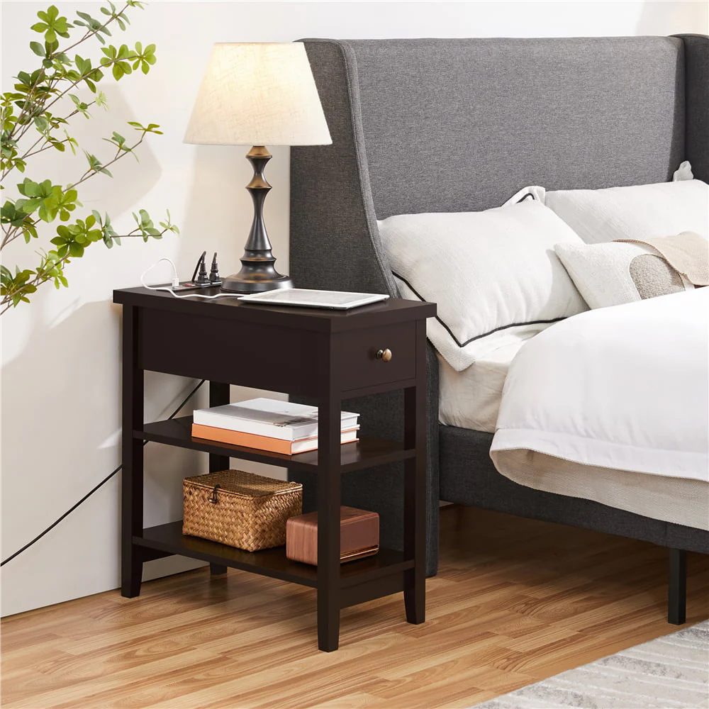 Topeakmart 3-tier Narrow Nightstand with Power Outlets and USB Ports, Set of 2, Espresso