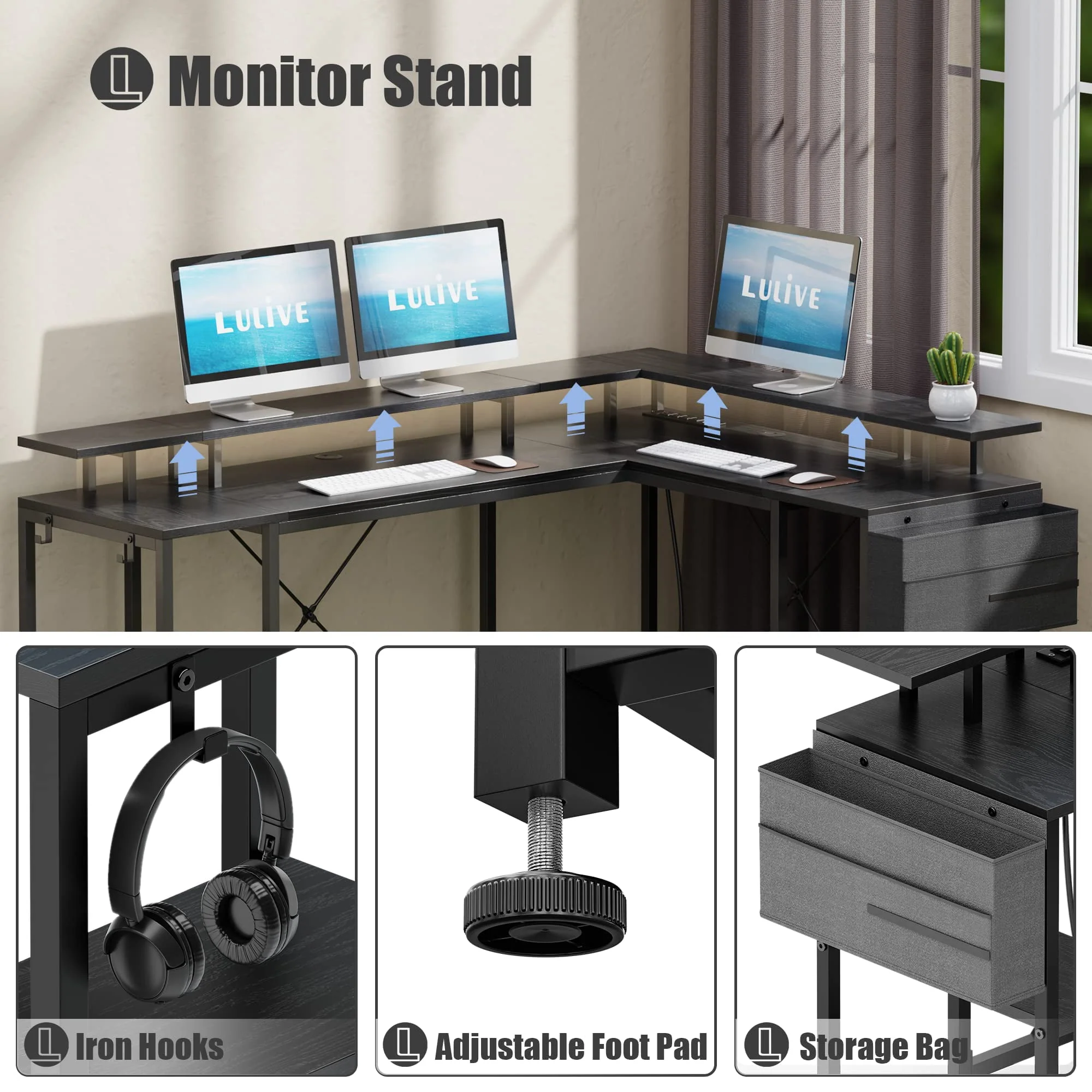Lulive 95” L-Shaped Computer Desk with LED Light Gaming Desk with Power Outlet, Home Office Desk with Monitor Stand, Storage Shelf and Storage Bag Corner Desk, Black