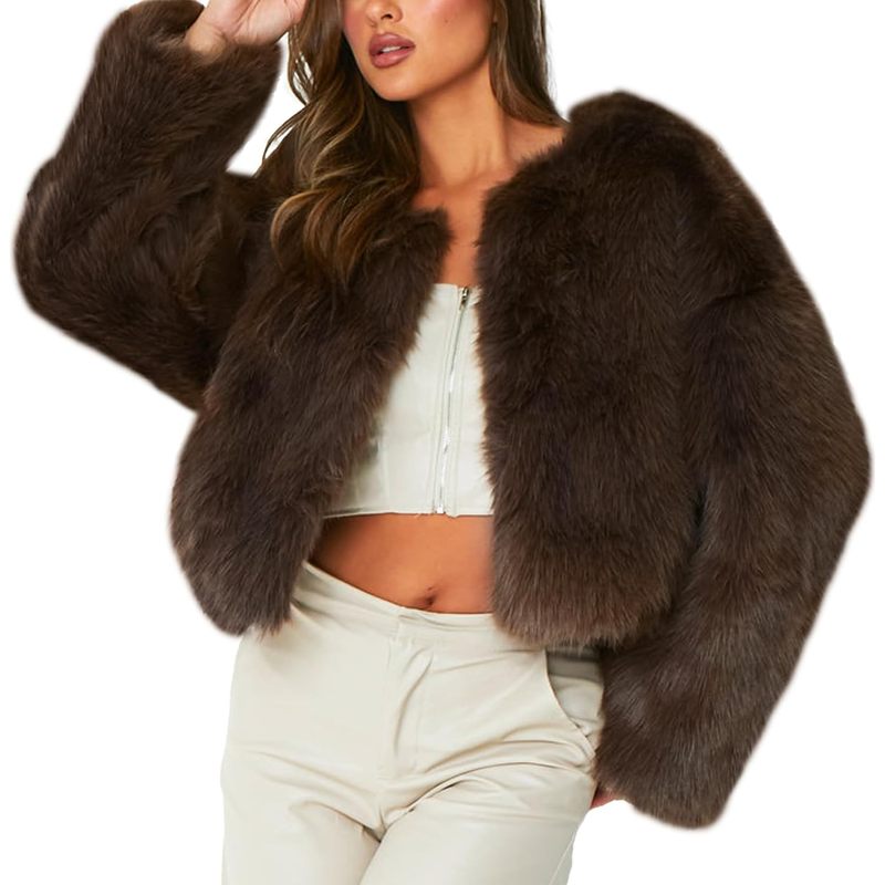 Women Faux Fur Coat Fluffy Long Sleeve Open Front