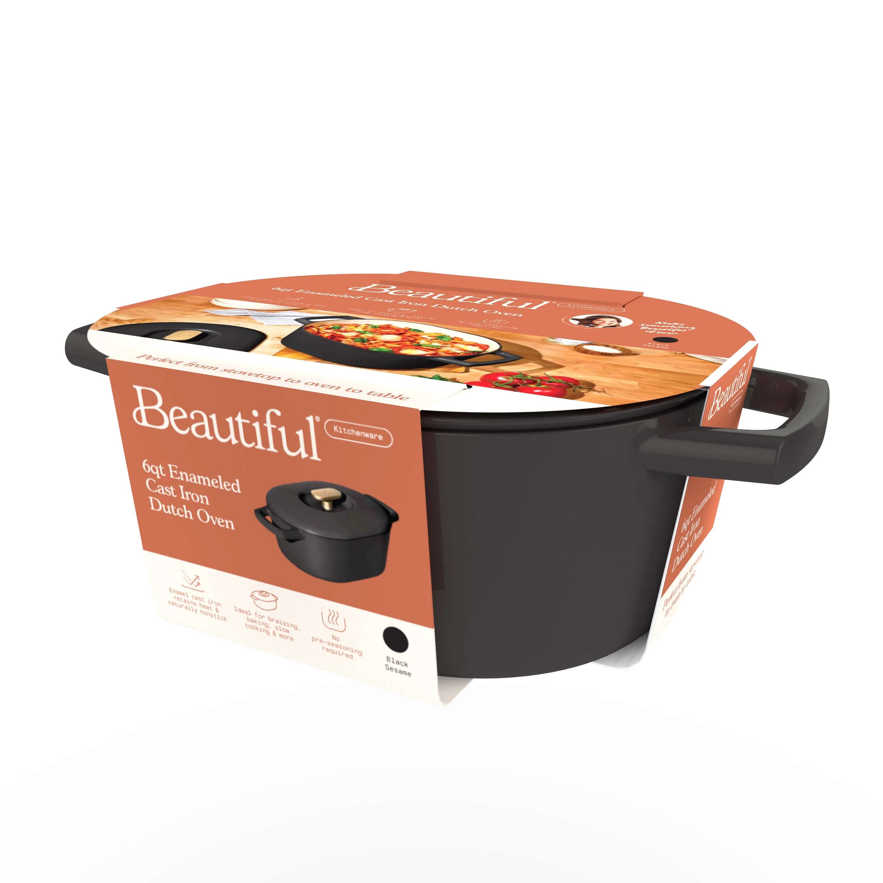 Beautiful 6 Quart Enamel Dutch Oven, Black Sesame by Drew Barrymore