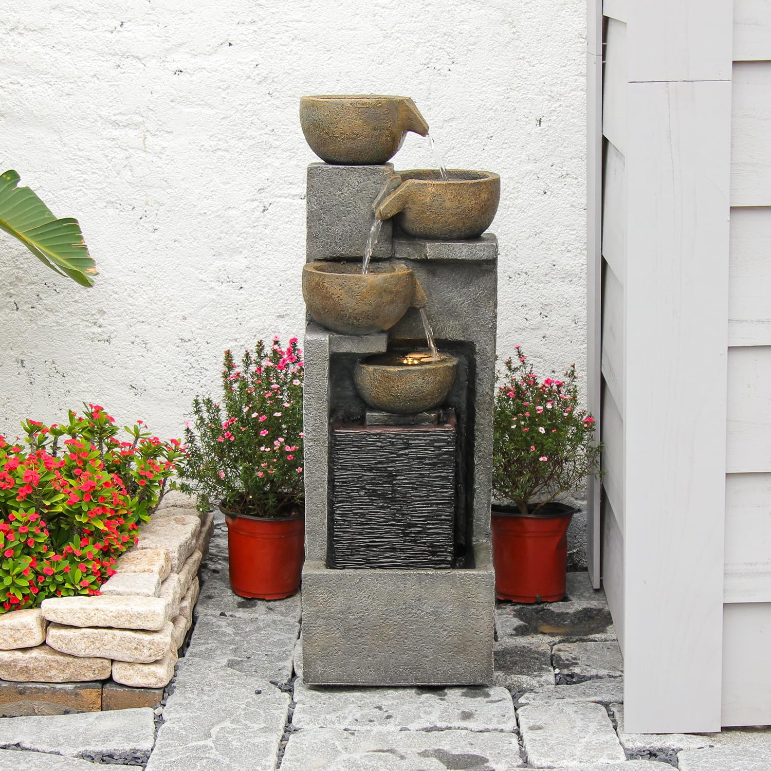 5-Tier Water Fountain Outdoor Garden Waterfall Fountains Indoor Bowl Cascading Water Feature with Led Lights for Home Deck Patio Porch Yard Decor 37.4