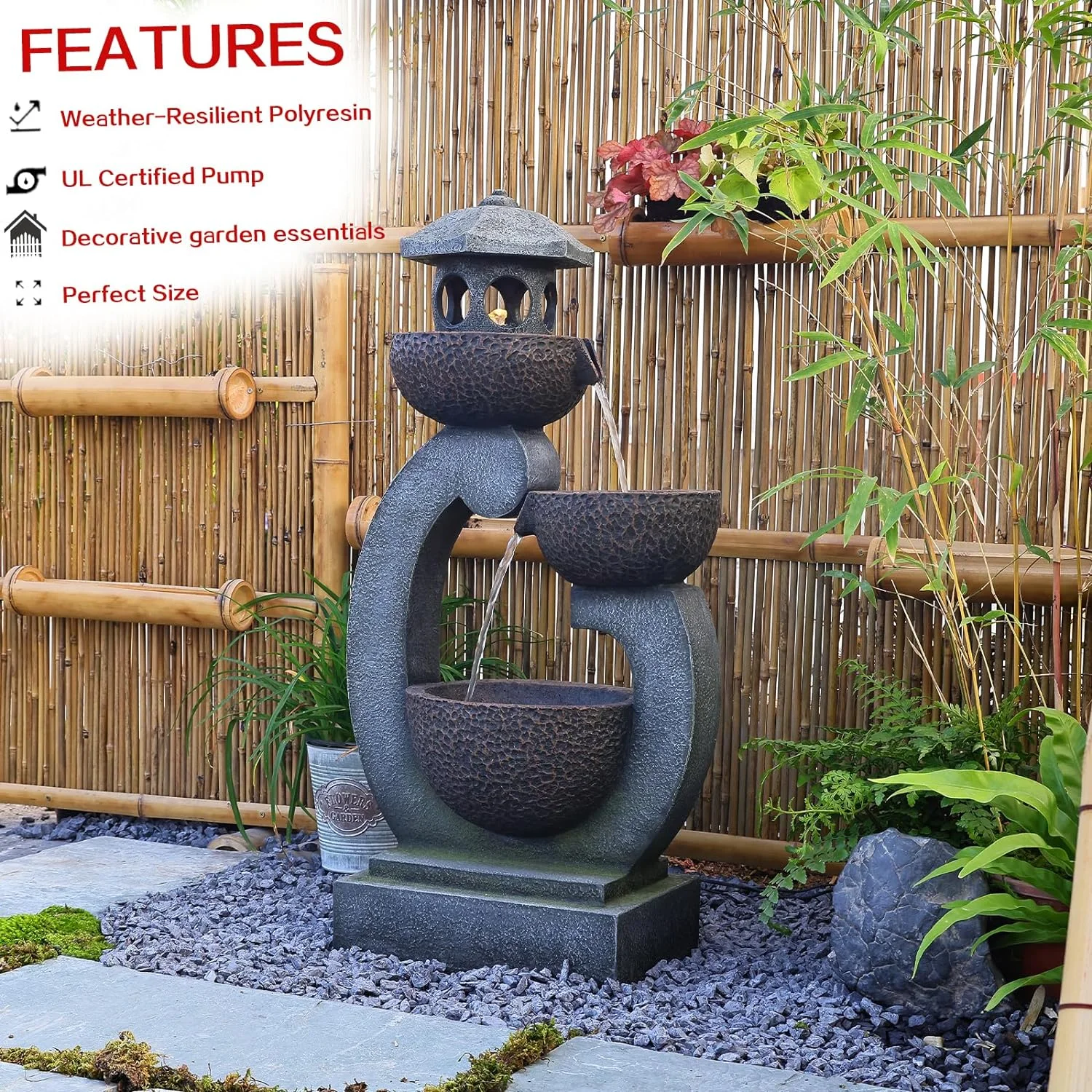Water Fountain Tranquil Zen Pagoda Waterfalls Fountains Bowl with LED Lights for Patio Yard Porch Pool Decor