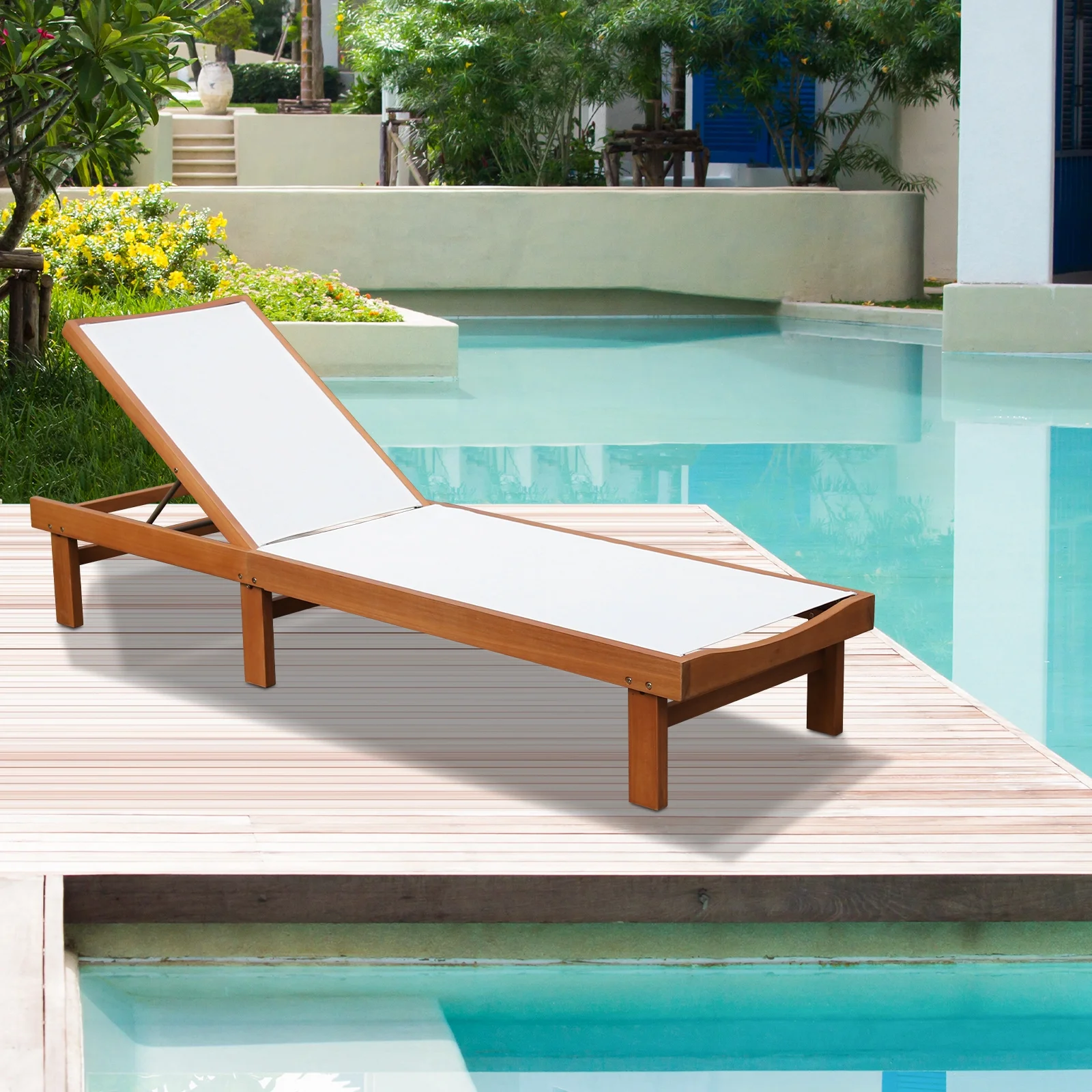 Topbuy Outdoor Chaise Lounge Chair, Eucalyptus Wood Recliner w/ 5-Level Backrest, Breathable & Quick Drying Seat Fabric
