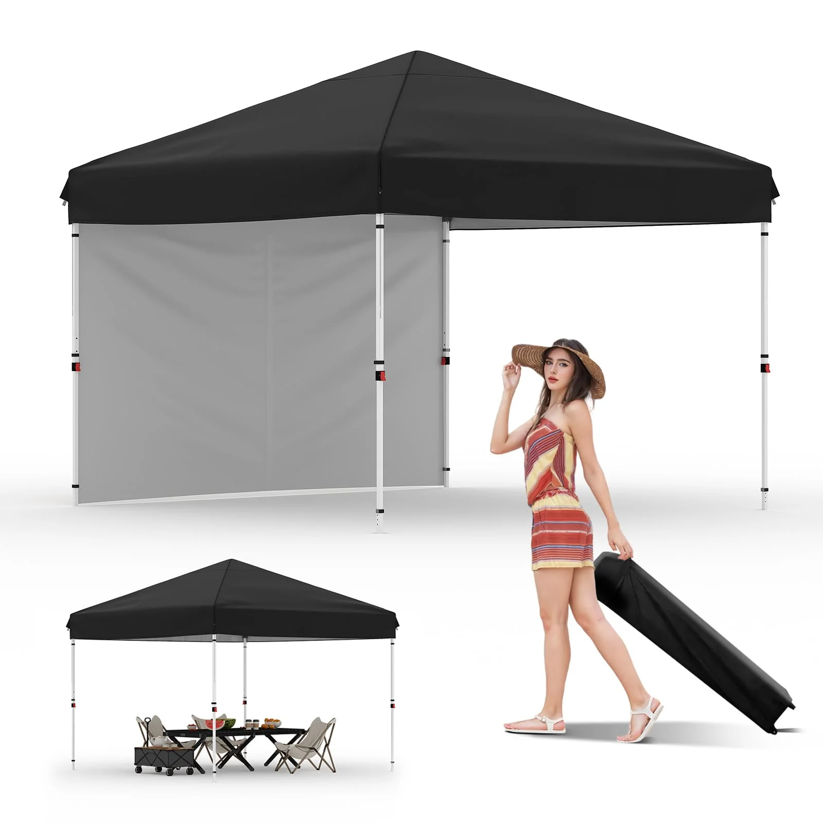Amkui 10x10 Straight Leg Pop Up Canopy Tents for Camping, Quick Set up Portable Folding Shelter, Instant Outdoor Sports Backyard/Beach Tent,Sun Shade Gazebo for Events, Parties（with Side panel cloth）