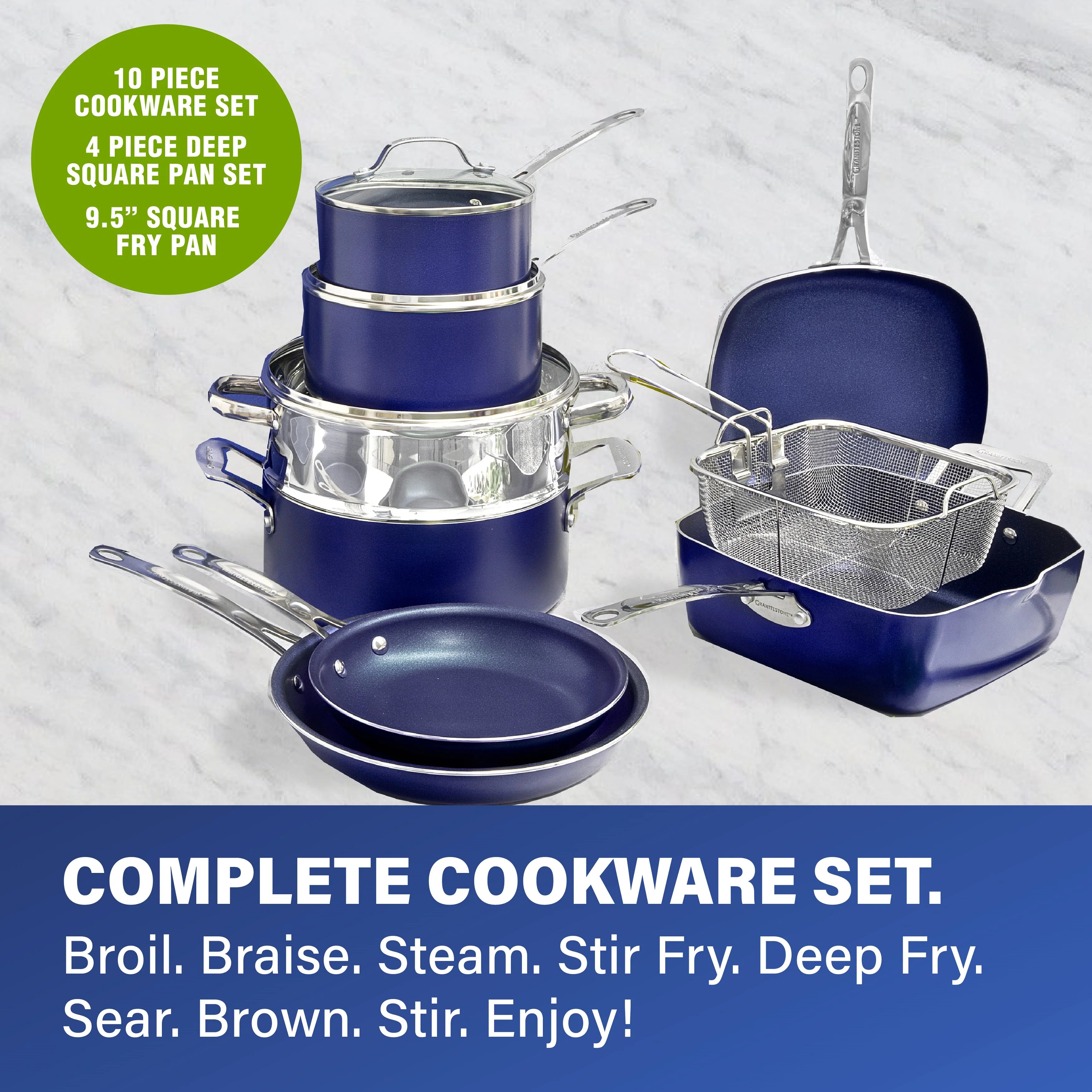Granitestone True 20 Pc Pots and Pans Set Non Stick Cookware Set with Deep Square Pan and Bakeware Set, Non Toxic , Oven & Dishwasher Safe, No Cheater Pieces