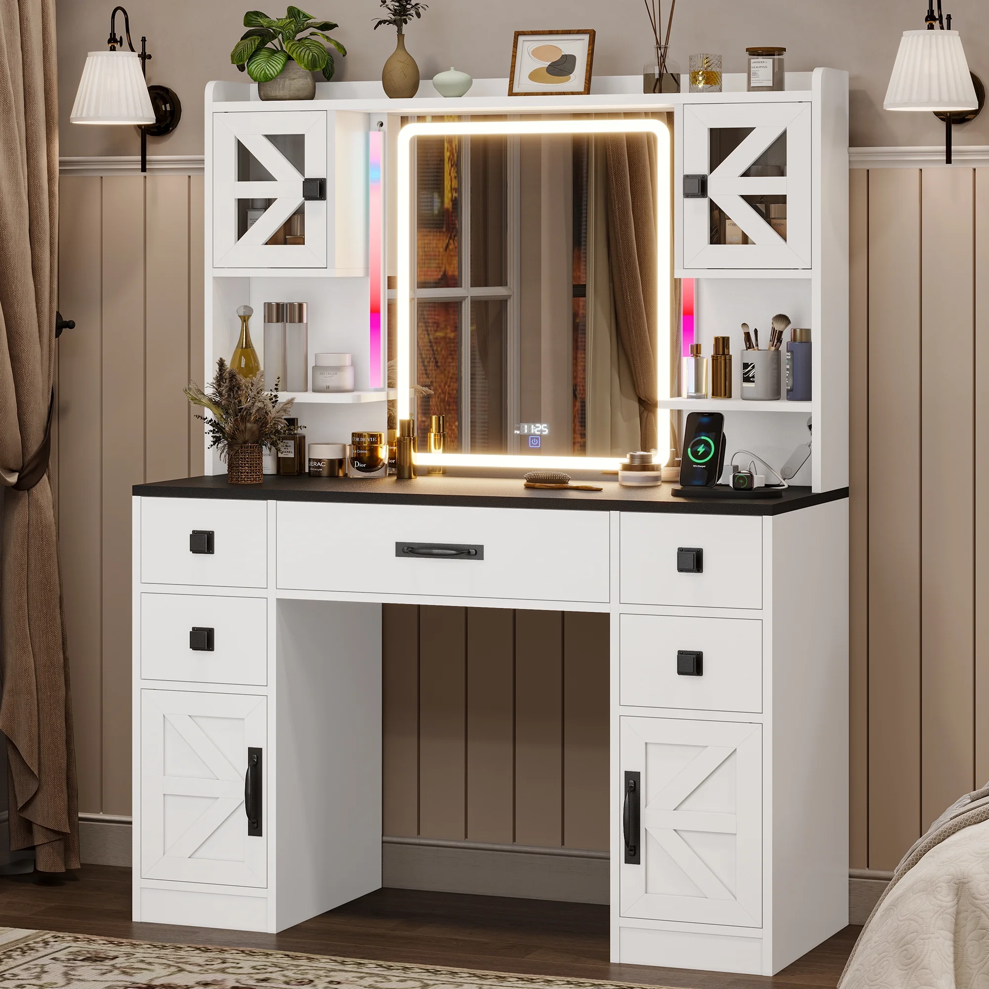 Afuhokles Large Vanity Desk with Lighted Mirror, 5 Drawers Makeup Vanity with Charging Station and Smart Mirror, White