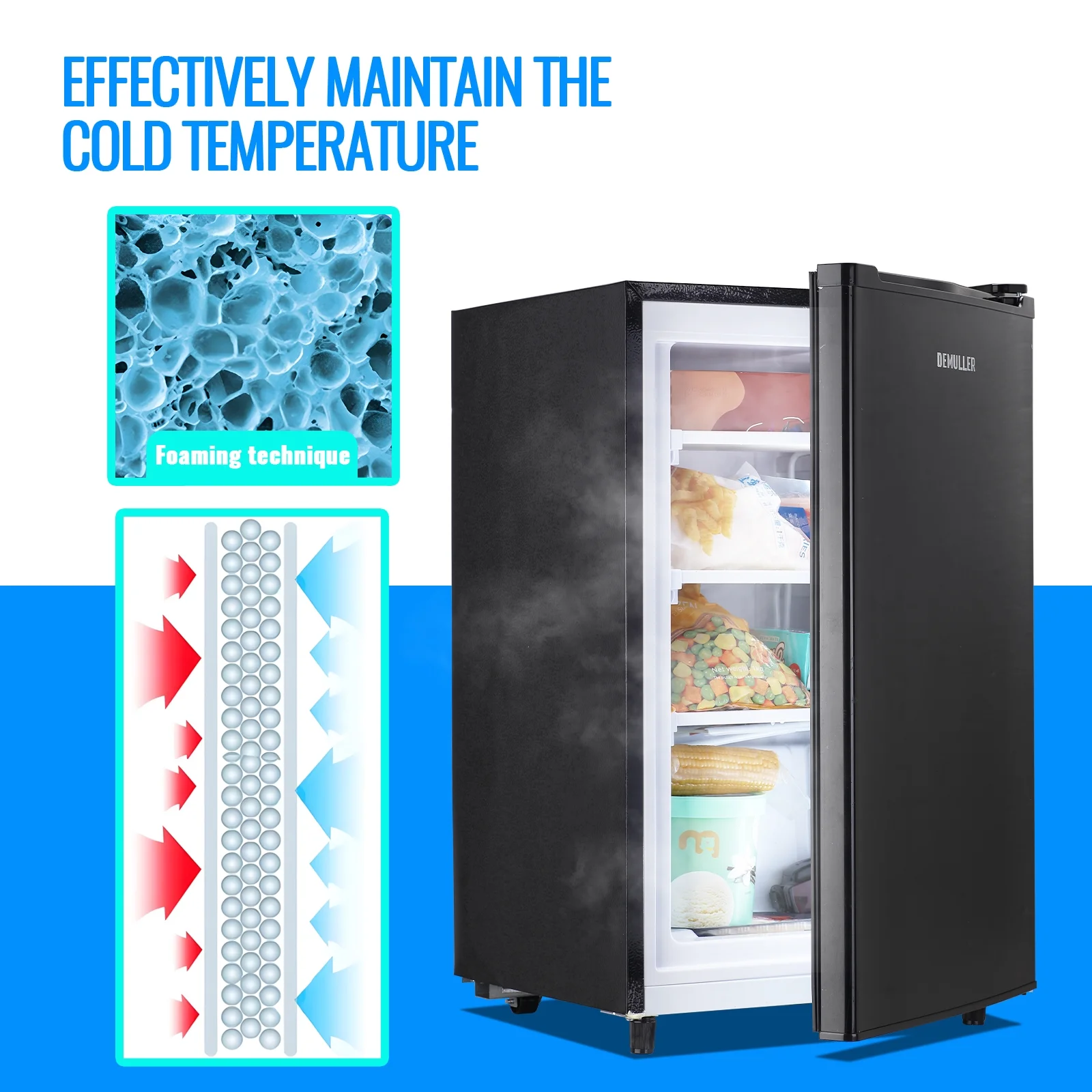DEMULLER Upright Freezer with 7 Adjustable Thermostat Stand-up Single Door Freezers Black