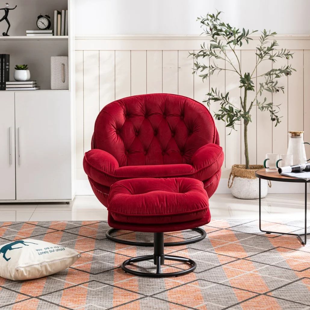 Swivel Accent Chair with Ottoman, Velvet Single Sofa Reading Chair with Metal Frame, Modern Tufted Armchair Comfy Lounge Chairs with Footrest for Living Room, Bedroom, Office, Red