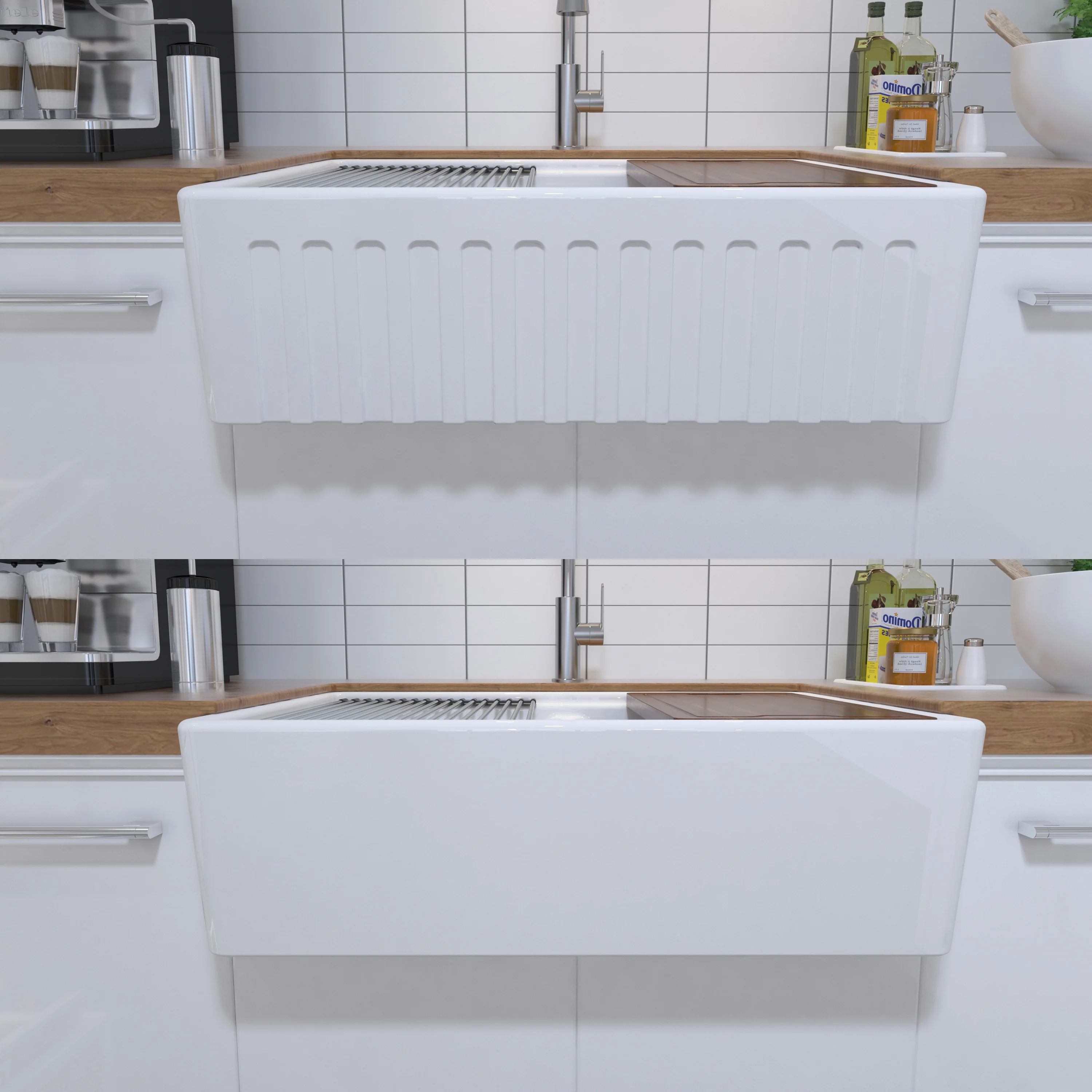 MEJE #KS3320 33x20 inch 50/50 Double Bowl , Ceramic Apron-front Step Rim Workstation Farmhouse Kitchen Sink , with Cutting Board ,Grid & Strainer - White