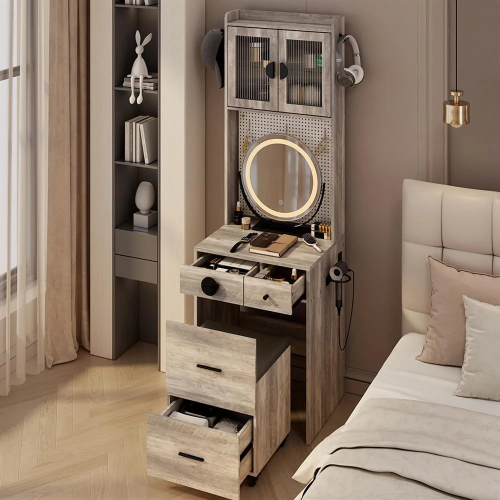 EDOEMSE Table & Chair Vanity Set, Vanity Set,Small Vanity Desk with Mirror and LED Lights, Makeup Table with Charging Station and drawers,Gray