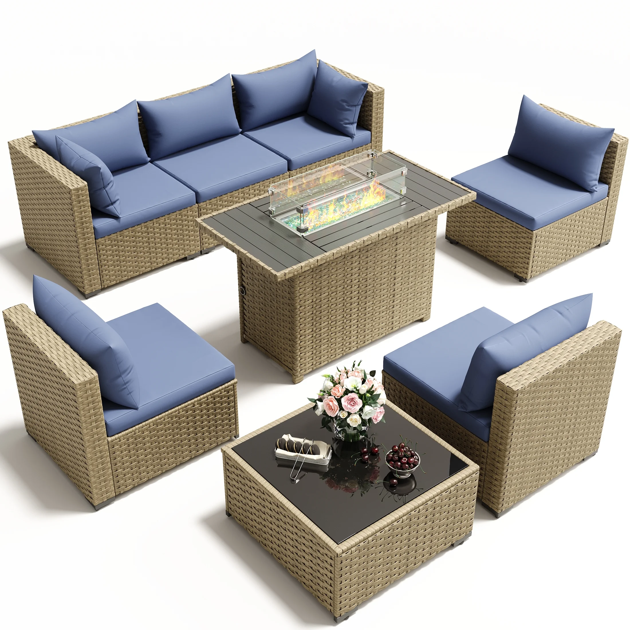 POTEBAN 7 Pieces Outdoor Patio Furniture Set, Grey Rattan Wicker Outdoor Conversation Sectional Sofa Set with Cushions for Backyard, Green