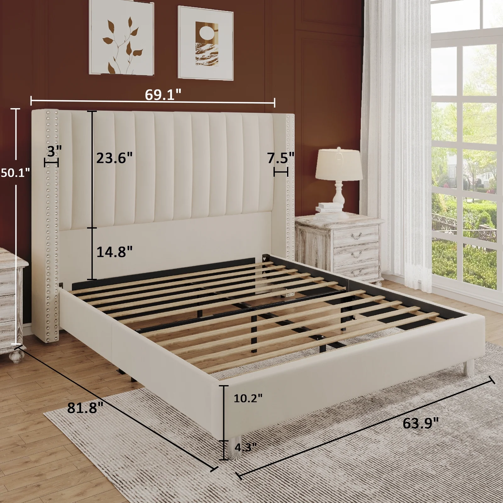 VanAcc Queen Bed Frame Tall Headboard Upholstered Wingback Bed with Vertical Channel Tufted Velvet/No Box Spring Needed/Easy Assembly/Cream