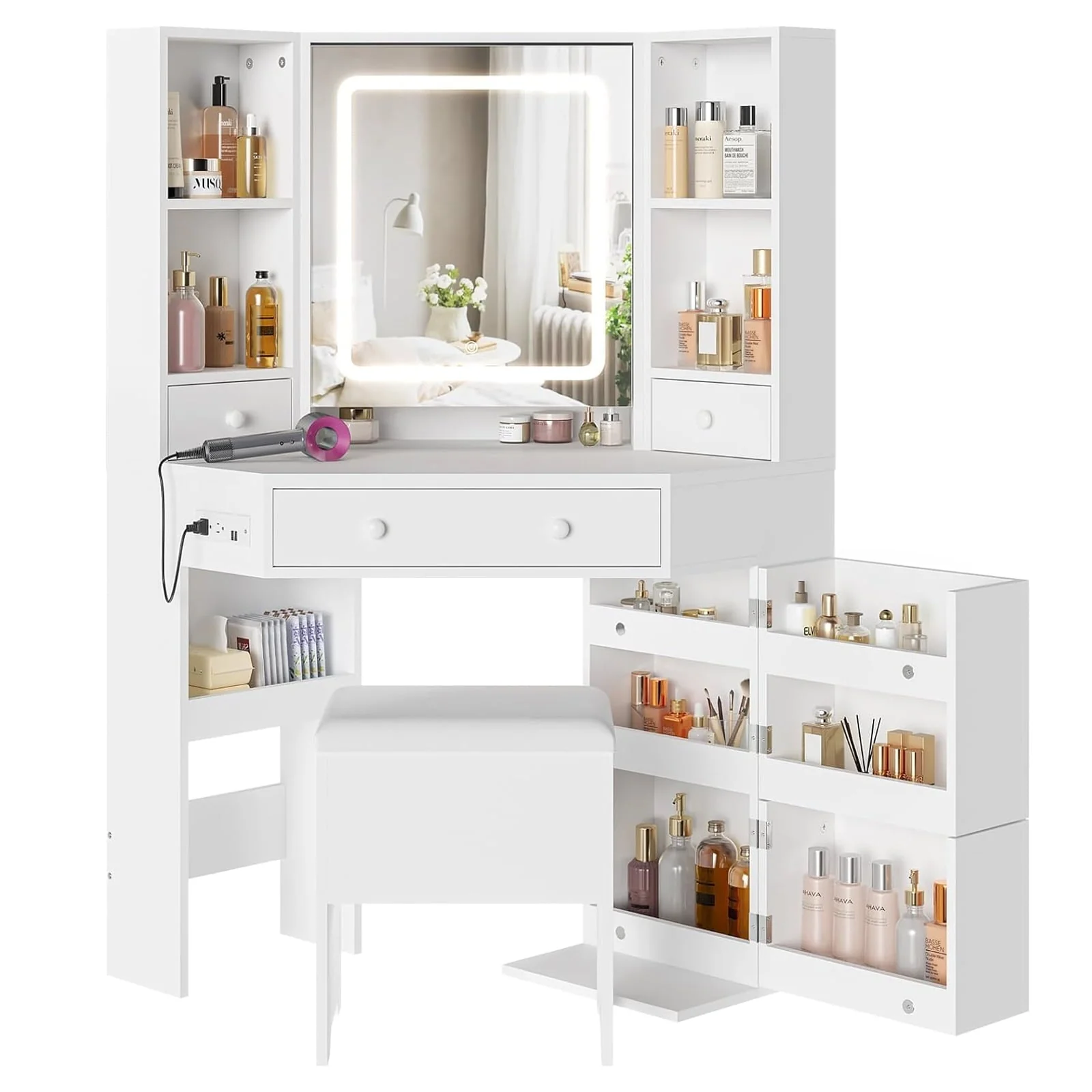 Black Vanity Set with Lights & Charging Station & Cushioned Stool, Modern Makeup Vanity Desk Table with Visible Drawers and Open Storage Shelves for Women Girls