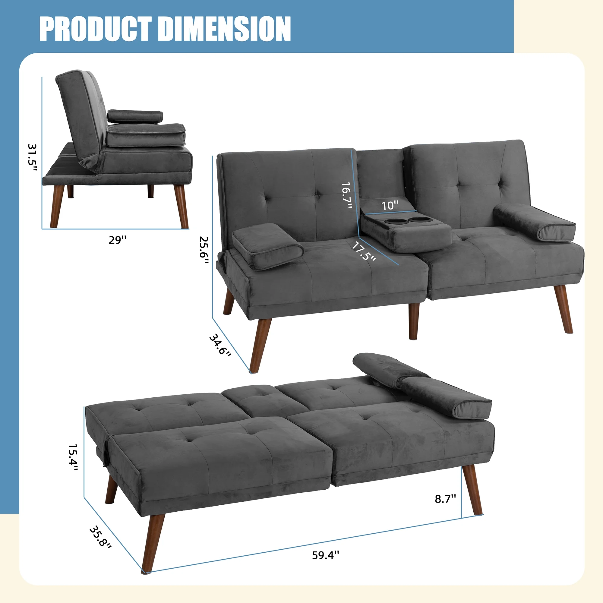 Walsunny 60��Convertible Sofa Bed Small Folding Loveseat Couch Removable Armrest, Modern Futon Recliner Sleeper wIth 2 Cup Holder Dark Gray