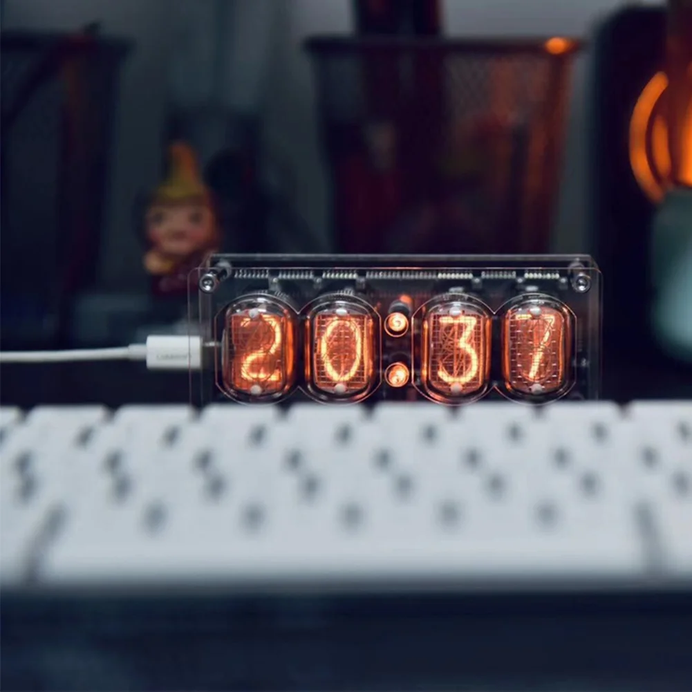 Nixie Tube Clock with IN-12 Tubes, Luminous Clock, Retro Modern Desk Vintage Punk Digital Desktop Creative Ornaments USB Type-C Connection Type
