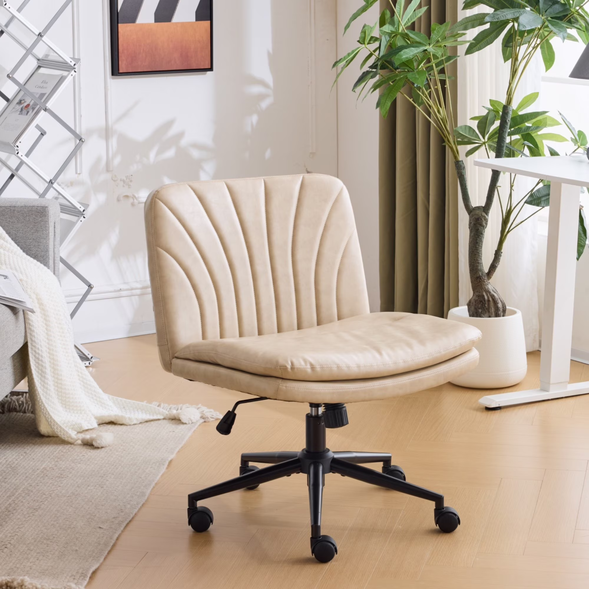 Ktaxon Armless Office Chair Swivel Study Chair Adjustable Desk Chair with Criss Cross Legs and Wheels for Conference and Home Faux Leather Gray