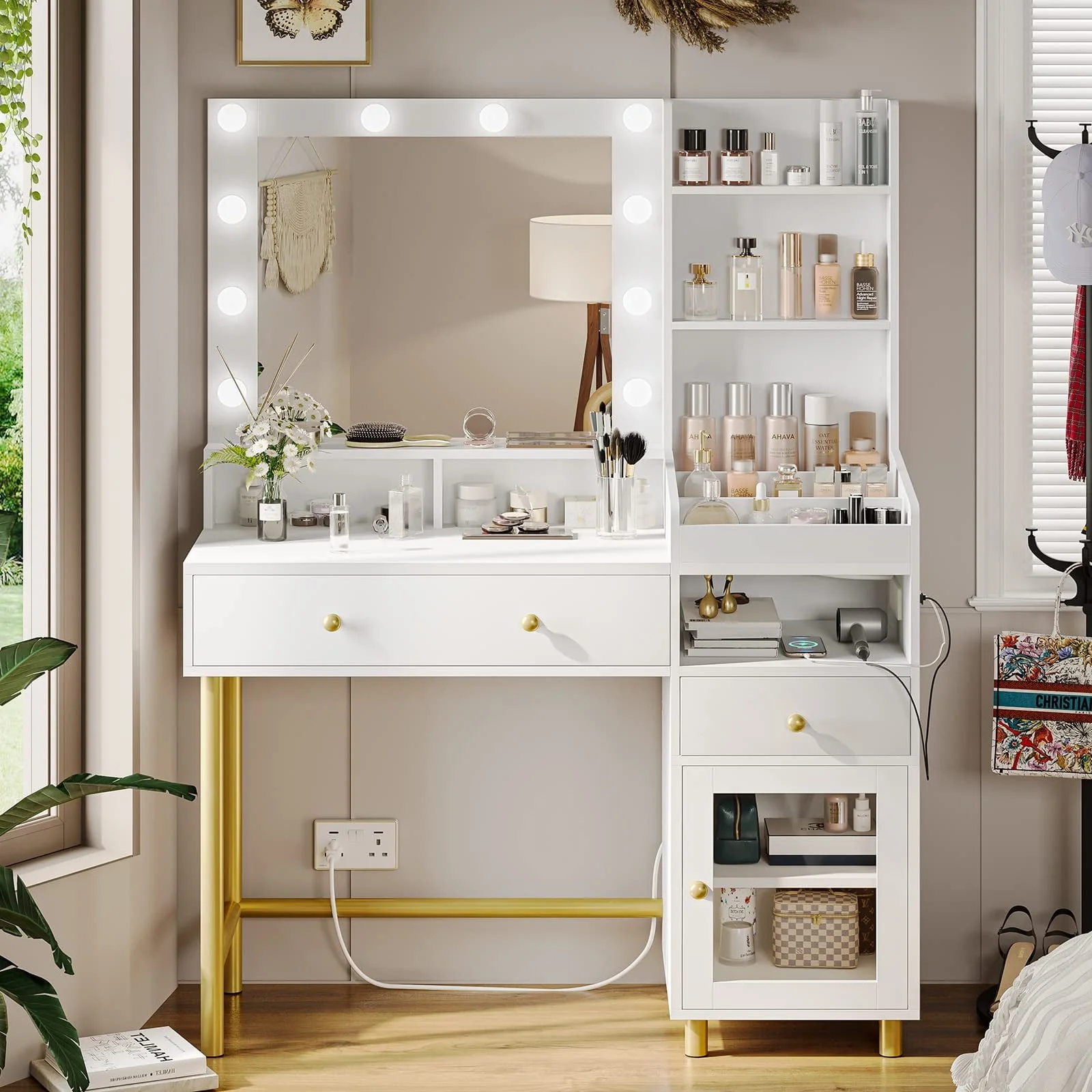 Vanity Desk with Mirror and Lights in 3 Colors,Vanity Makeup Desk with Lights and Drawers,White Vanity Table with Charging Station,Unique Separation Design